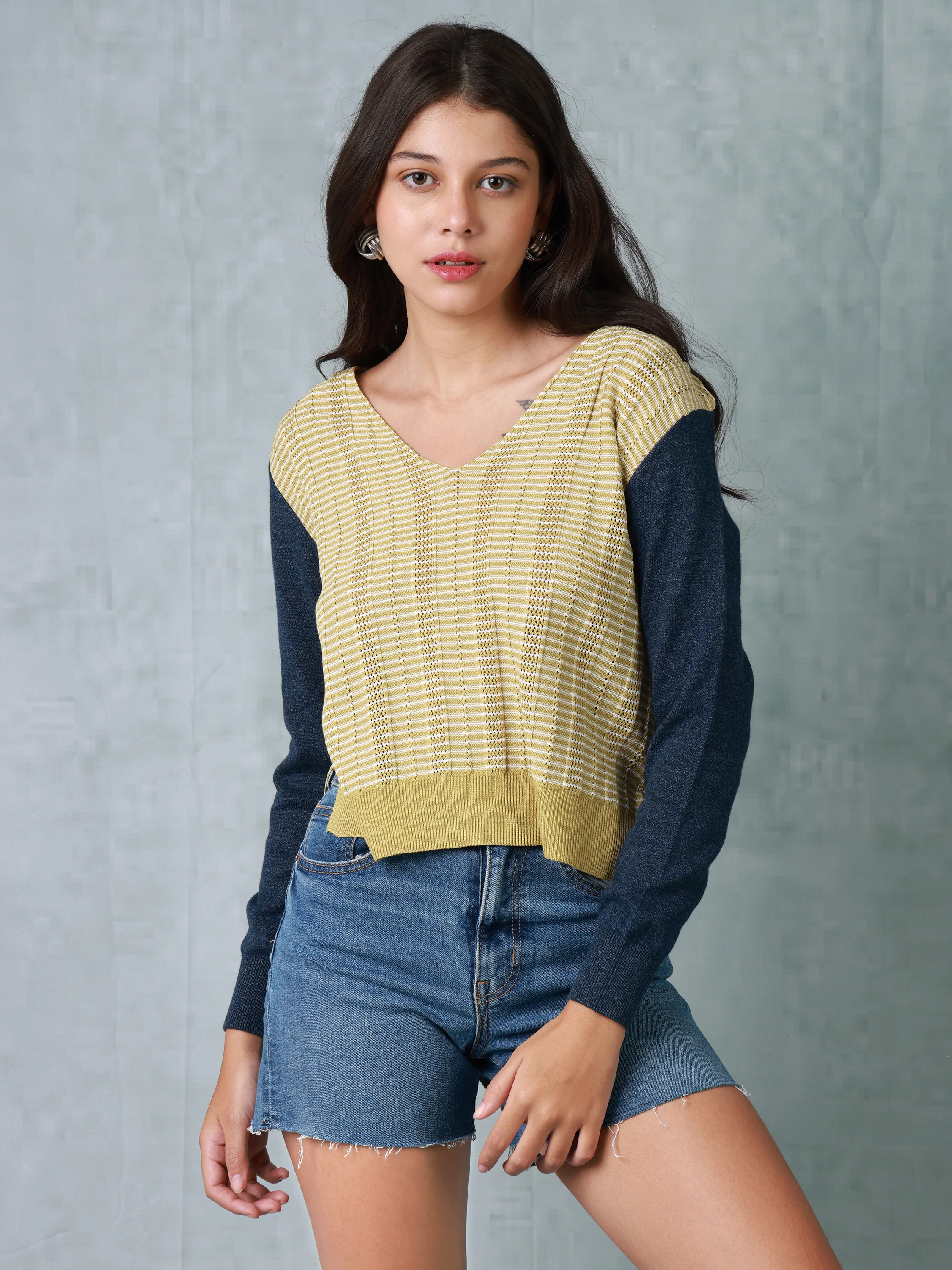 Women Yellow & Blue Regular Fit Knitted Top - Image 3