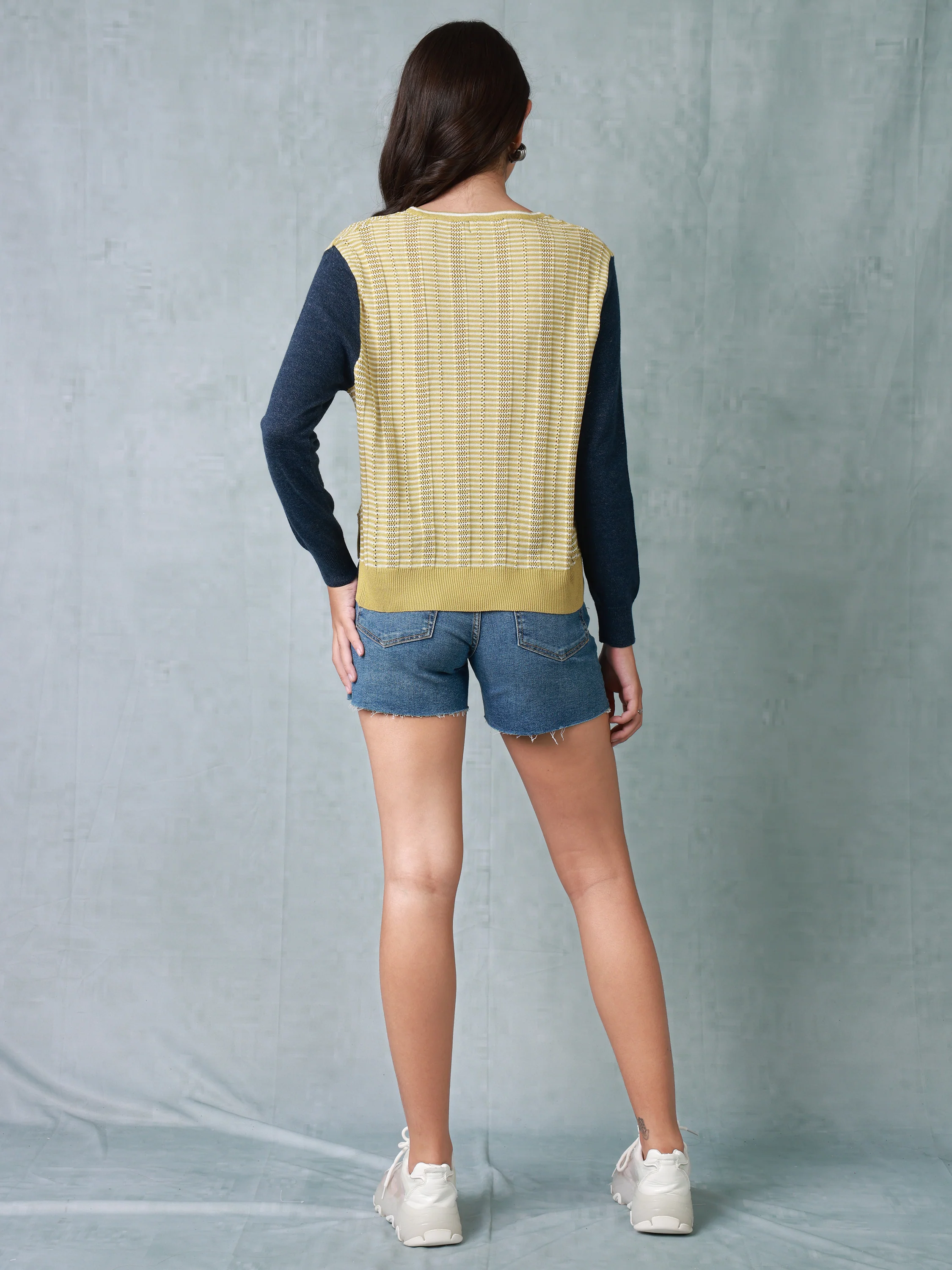 Women Yellow & Blue Regular Fit Knitted Top - Image 4