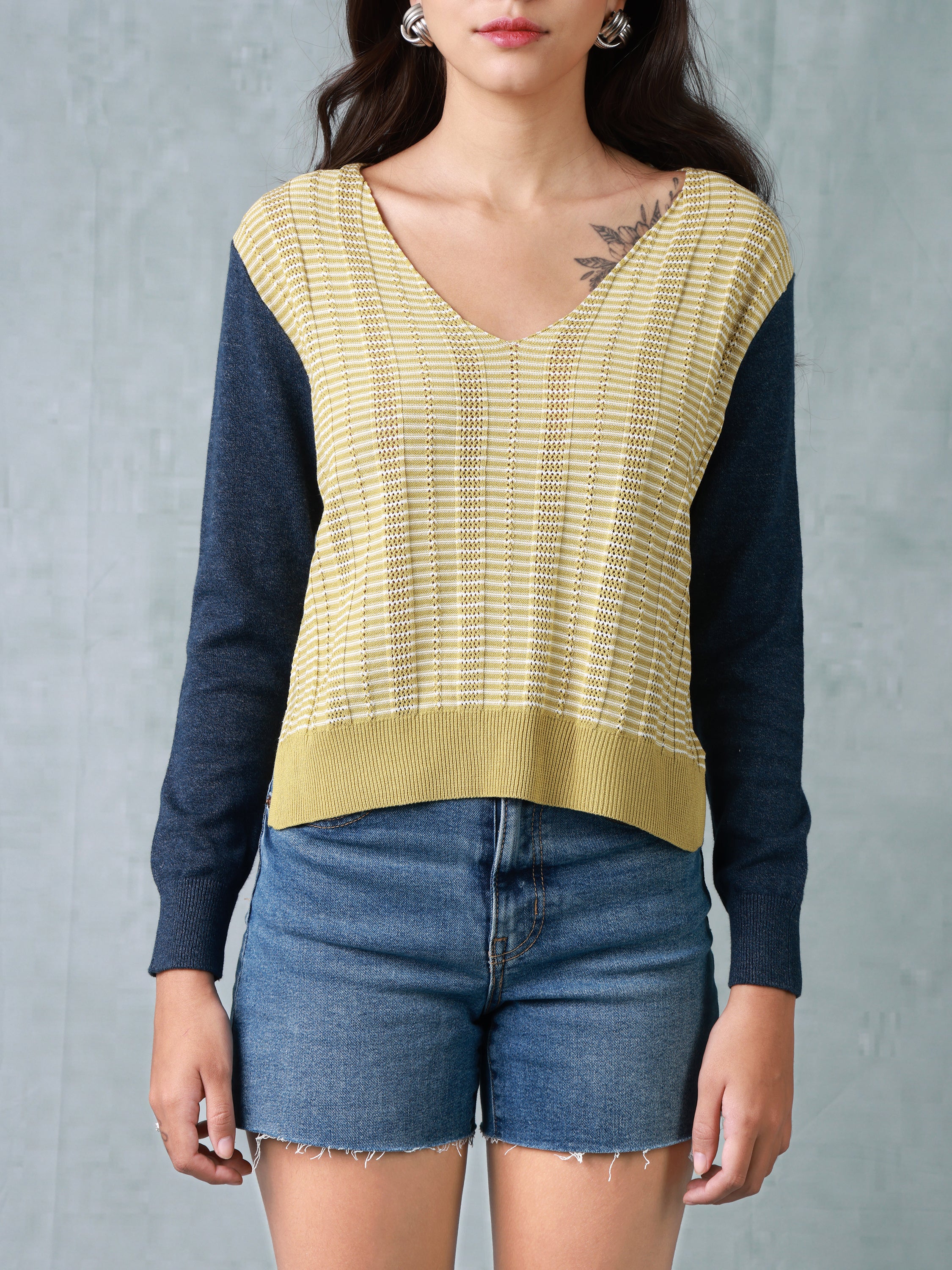 Women Yellow & Blue Regular Fit Knitted Top - Image 6