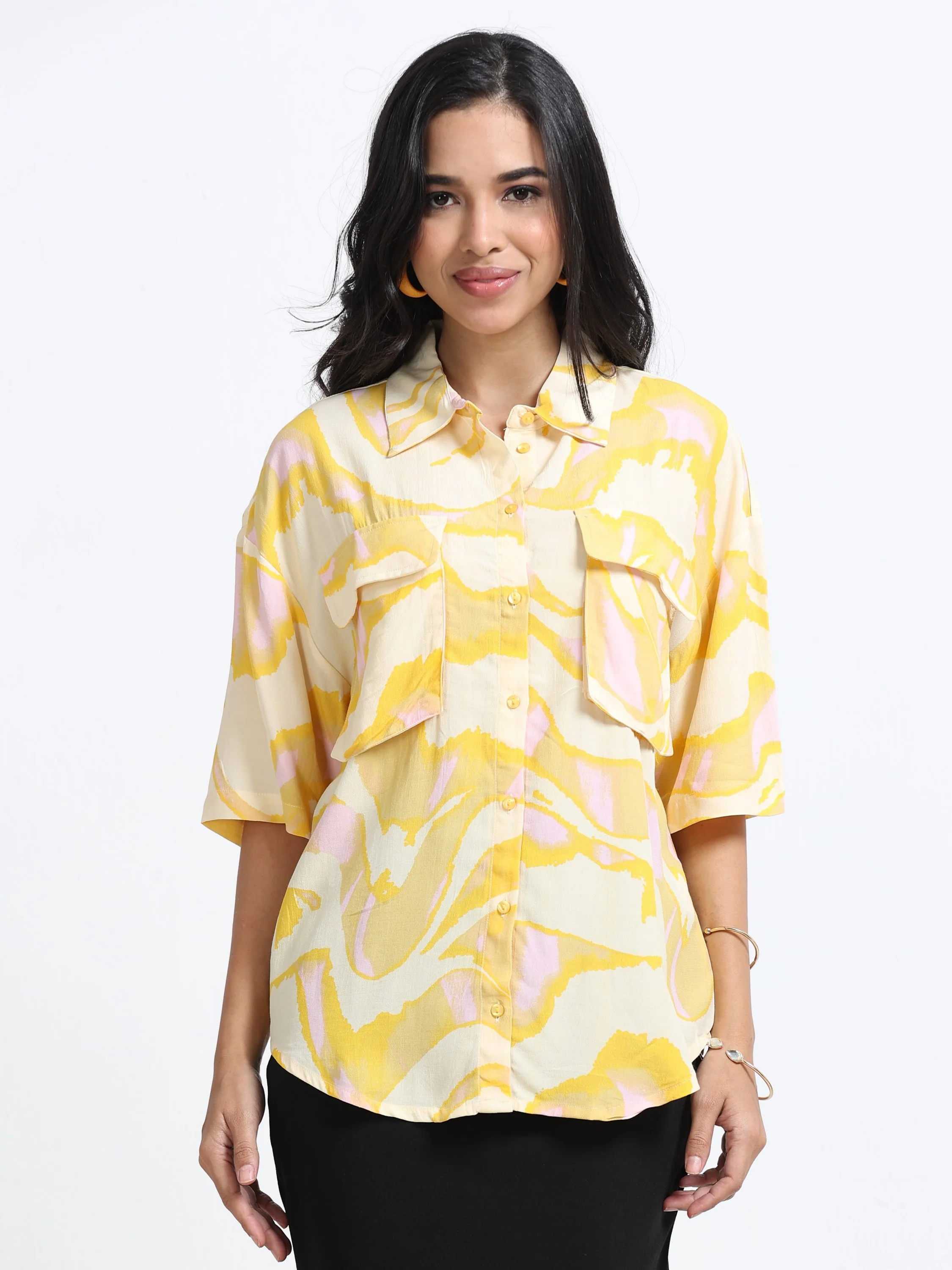 Women Yellow Double Pocket Comfort Shirt - Image 3