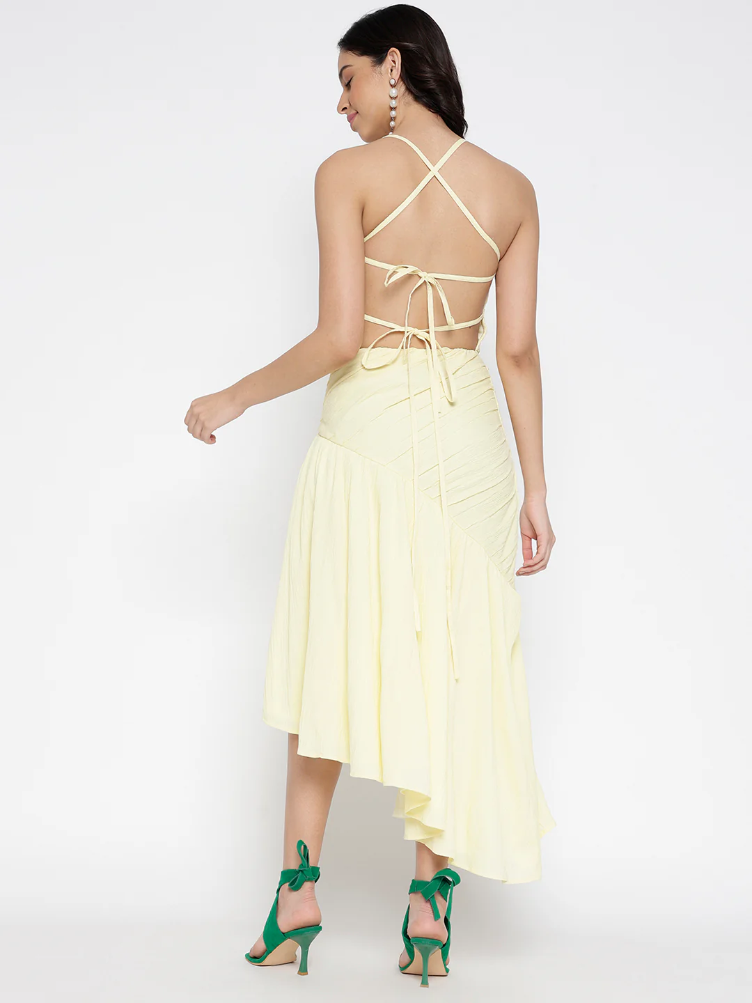 Women Yellow  Crepe Backless Beauty Midi Dress - Image 2
