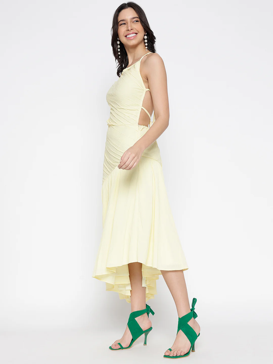 Women Yellow  Crepe Backless Beauty Midi Dress - Image 4