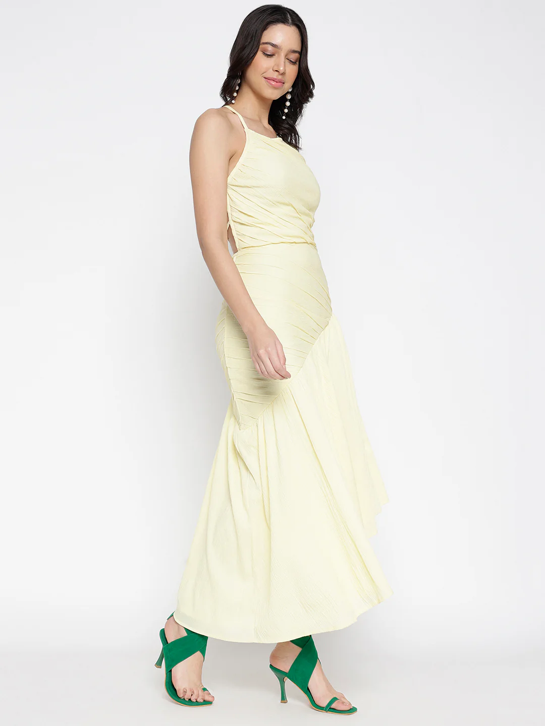 Women Yellow  Crepe Backless Beauty Midi Dress - Image 6
