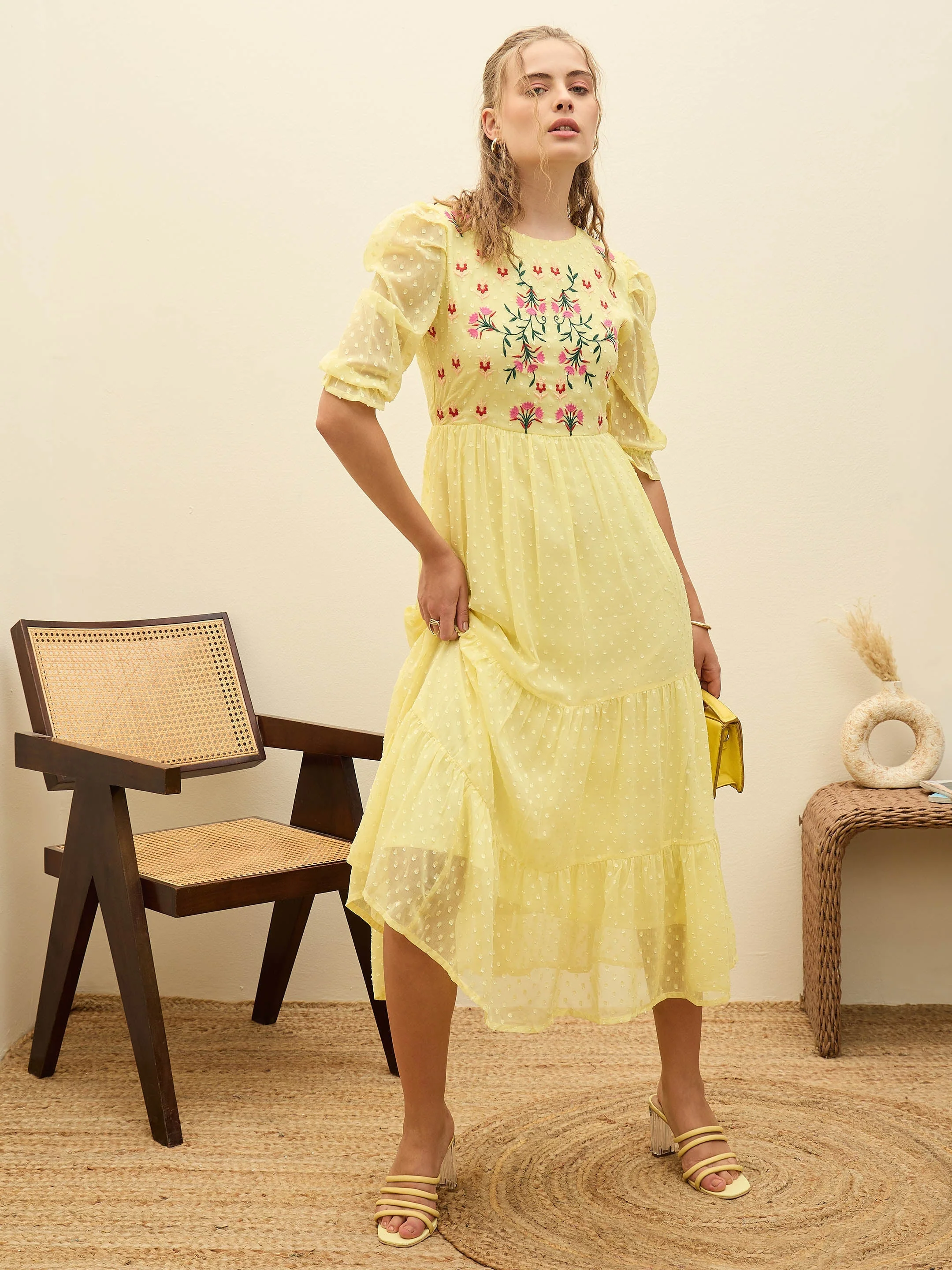 Women Yellow Dobby Tiered Midi Dress - Image 2
