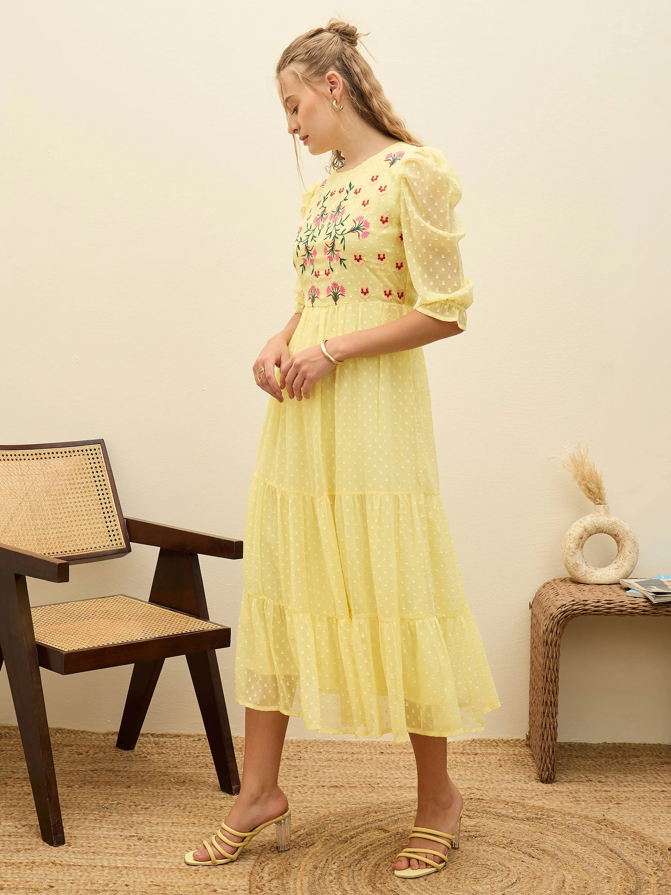 Women Yellow Dobby Tiered Midi Dress - Image 3