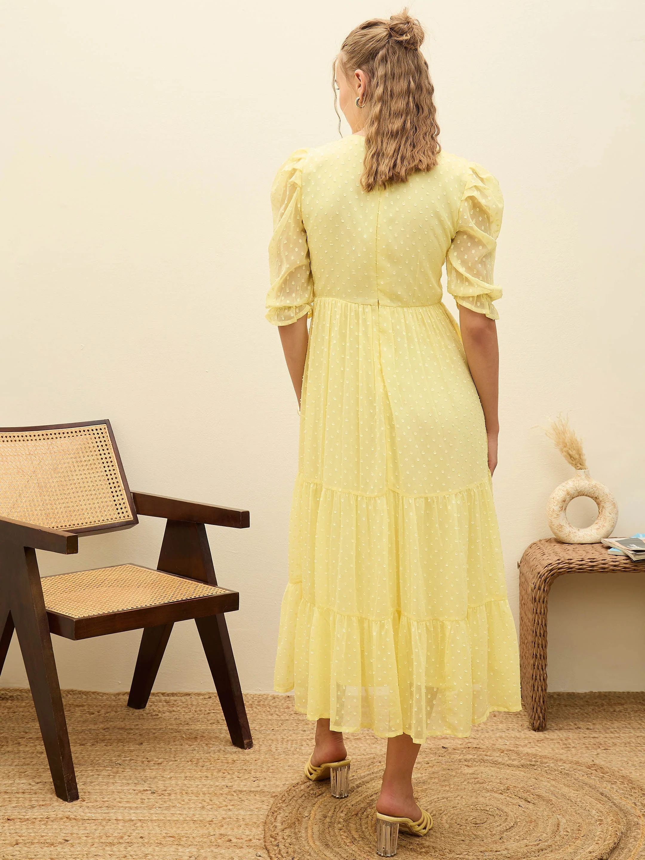 Women Yellow Dobby Tiered Midi Dress - Image 5