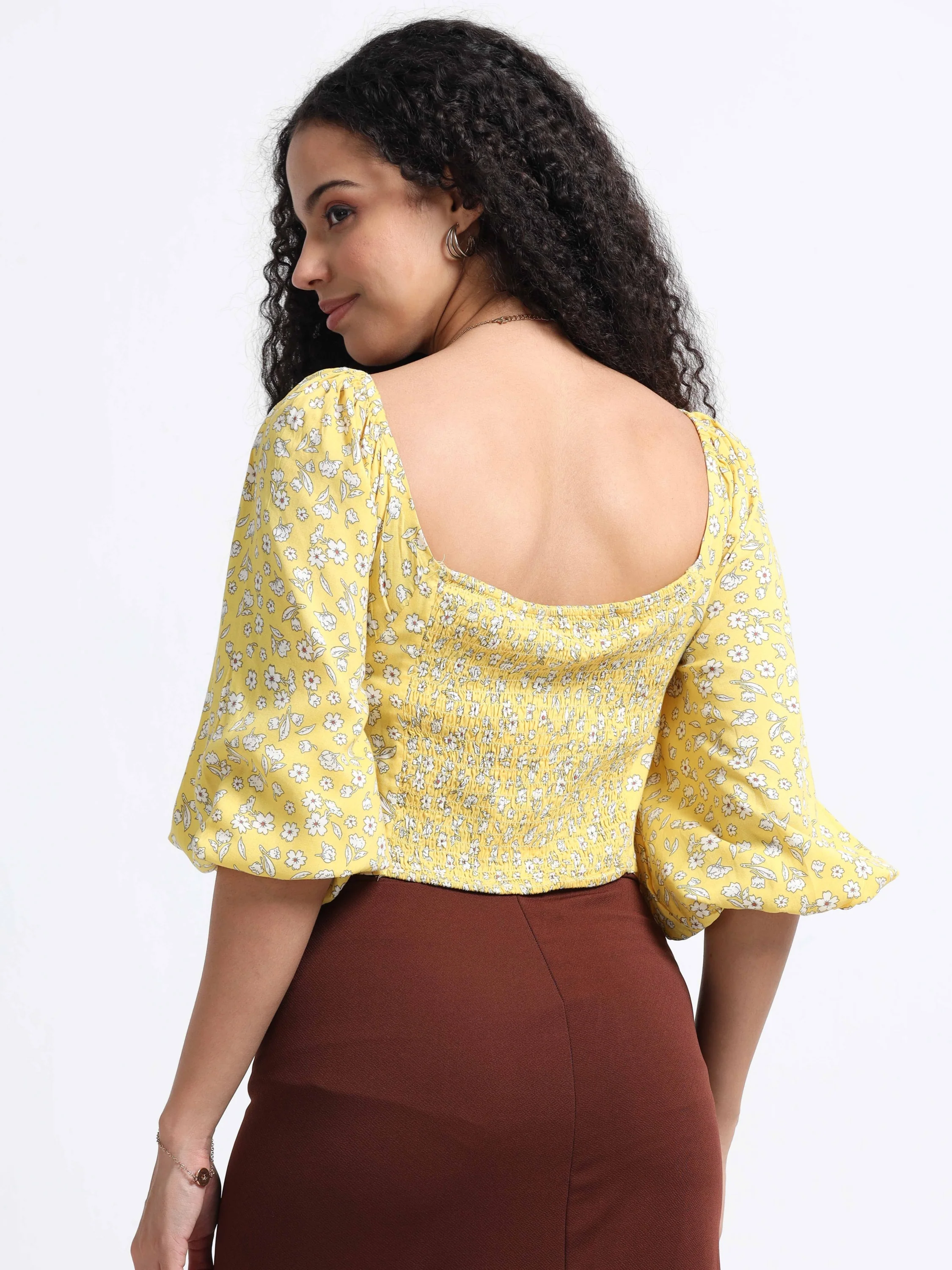 Women Yellow Floral Crop Top - Image 2