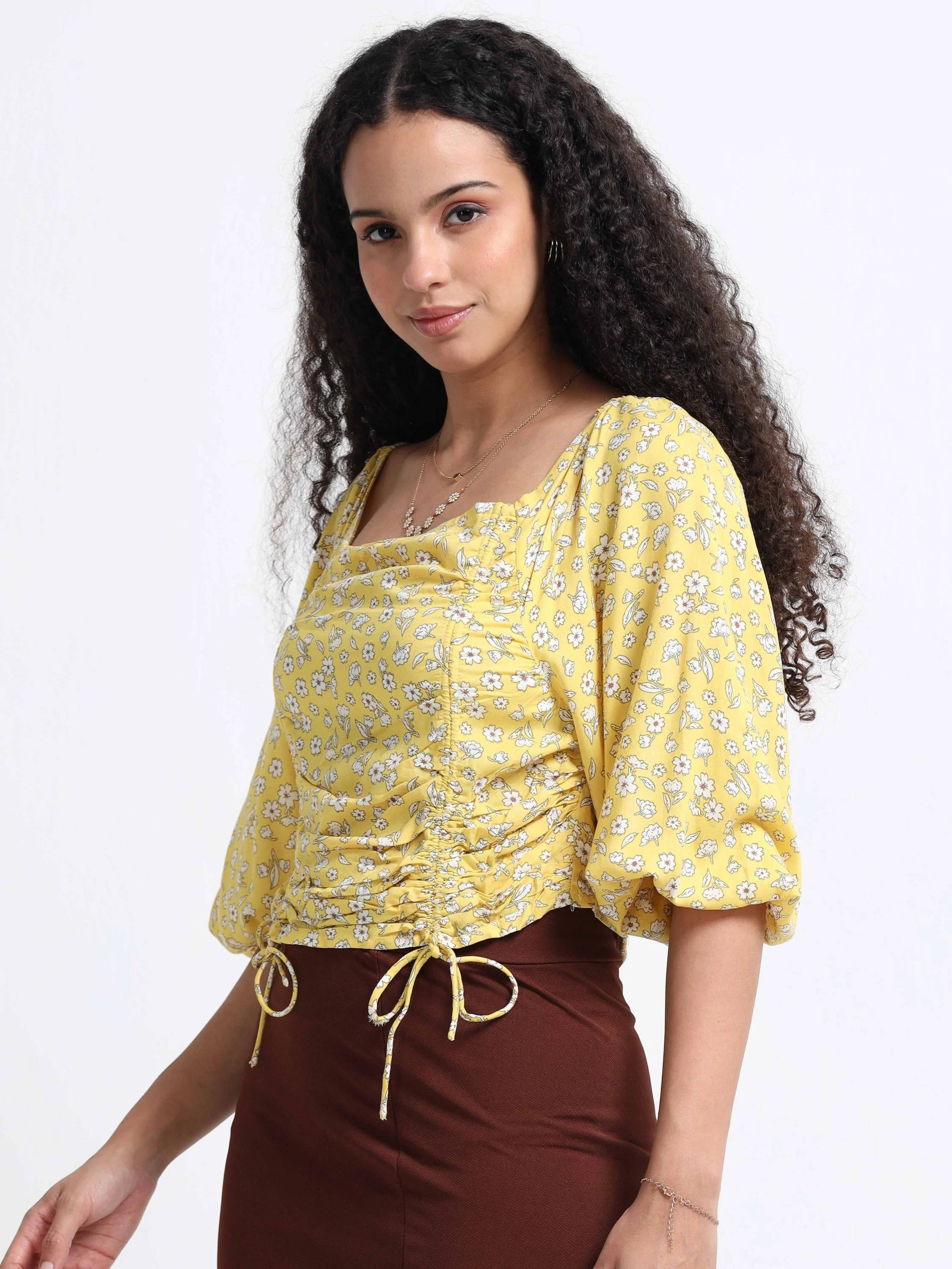 Women Yellow Floral Crop Top - Image 4