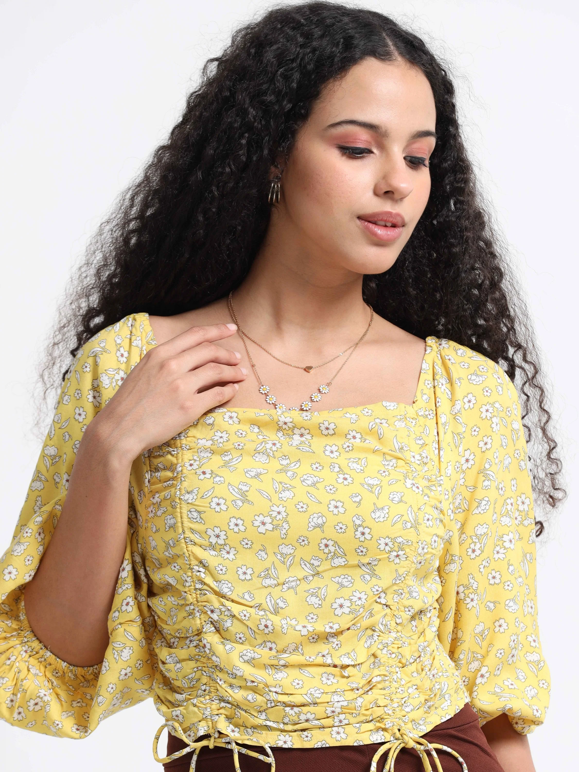Women Yellow Floral Crop Top - Image 5