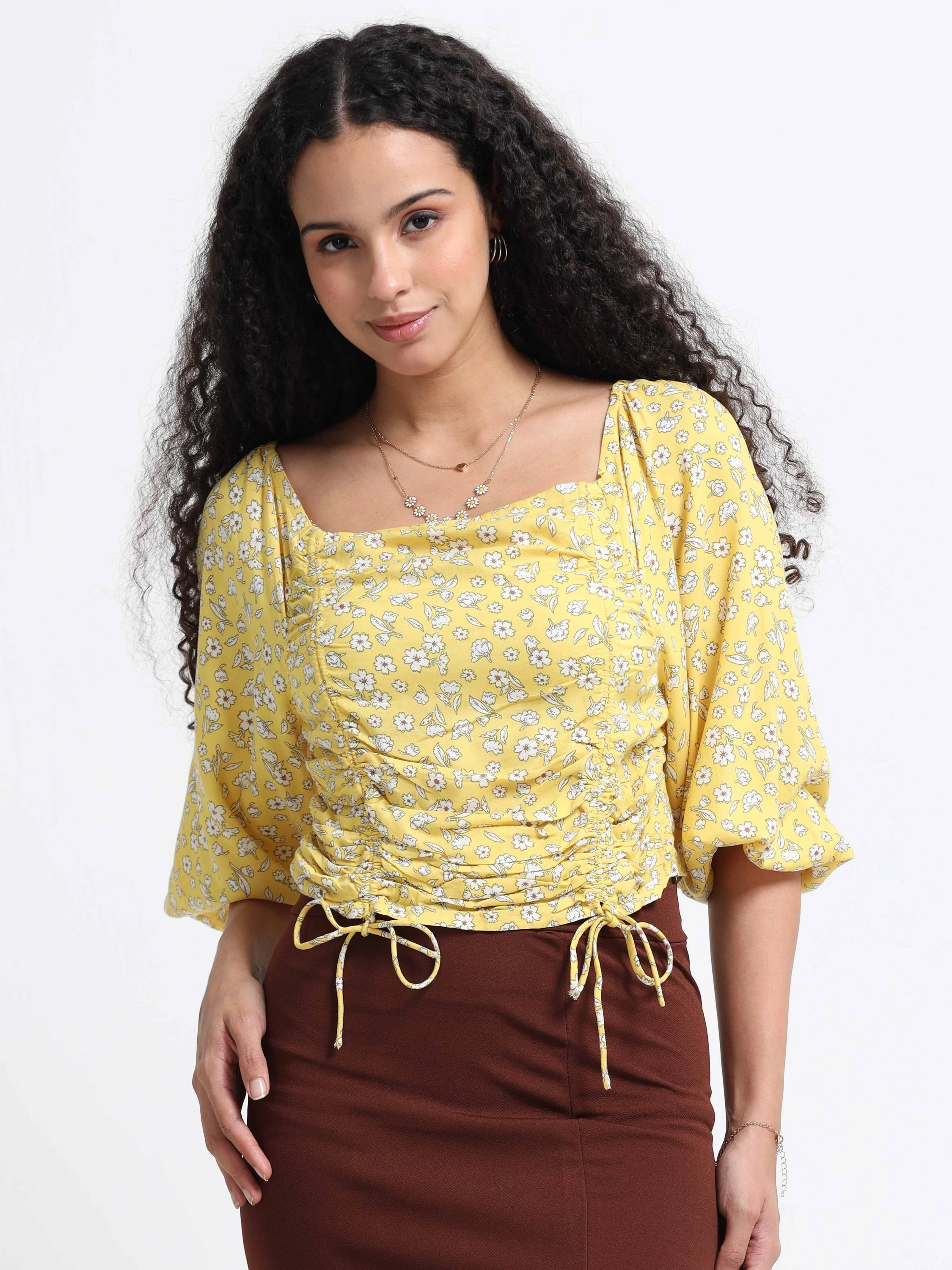 Women Yellow Floral Crop Top - Image 6