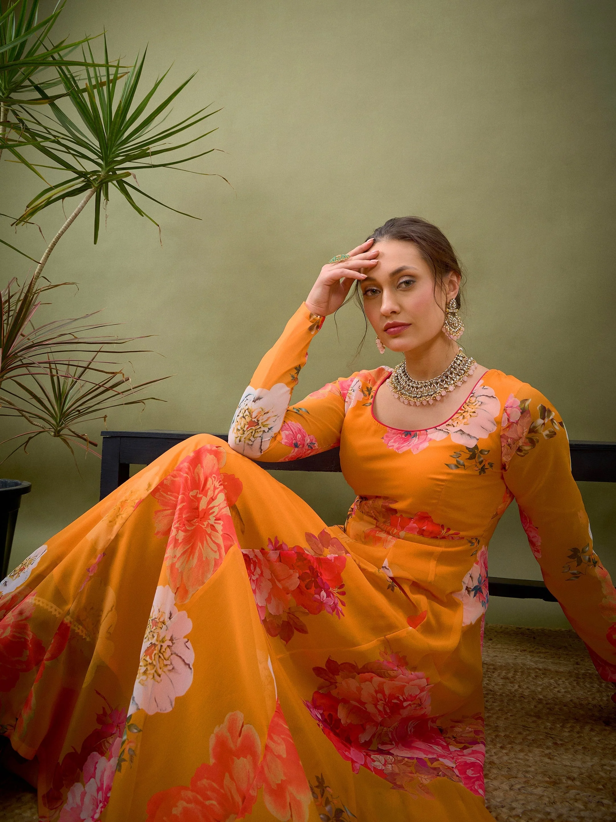 Women Yellow Floral Anarkali Kurta - Image 2