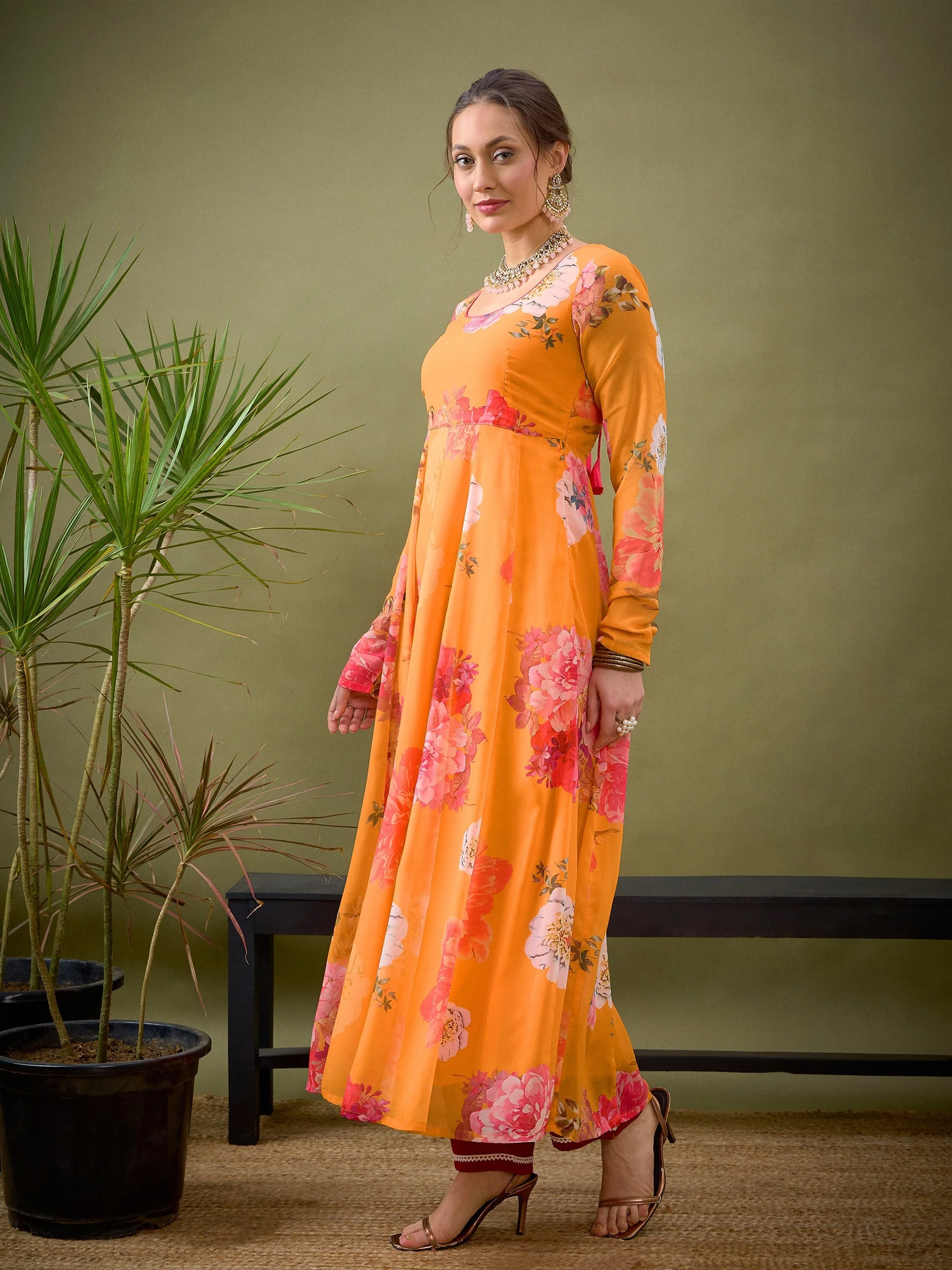 Women Yellow Floral Anarkali Kurta - Image 3