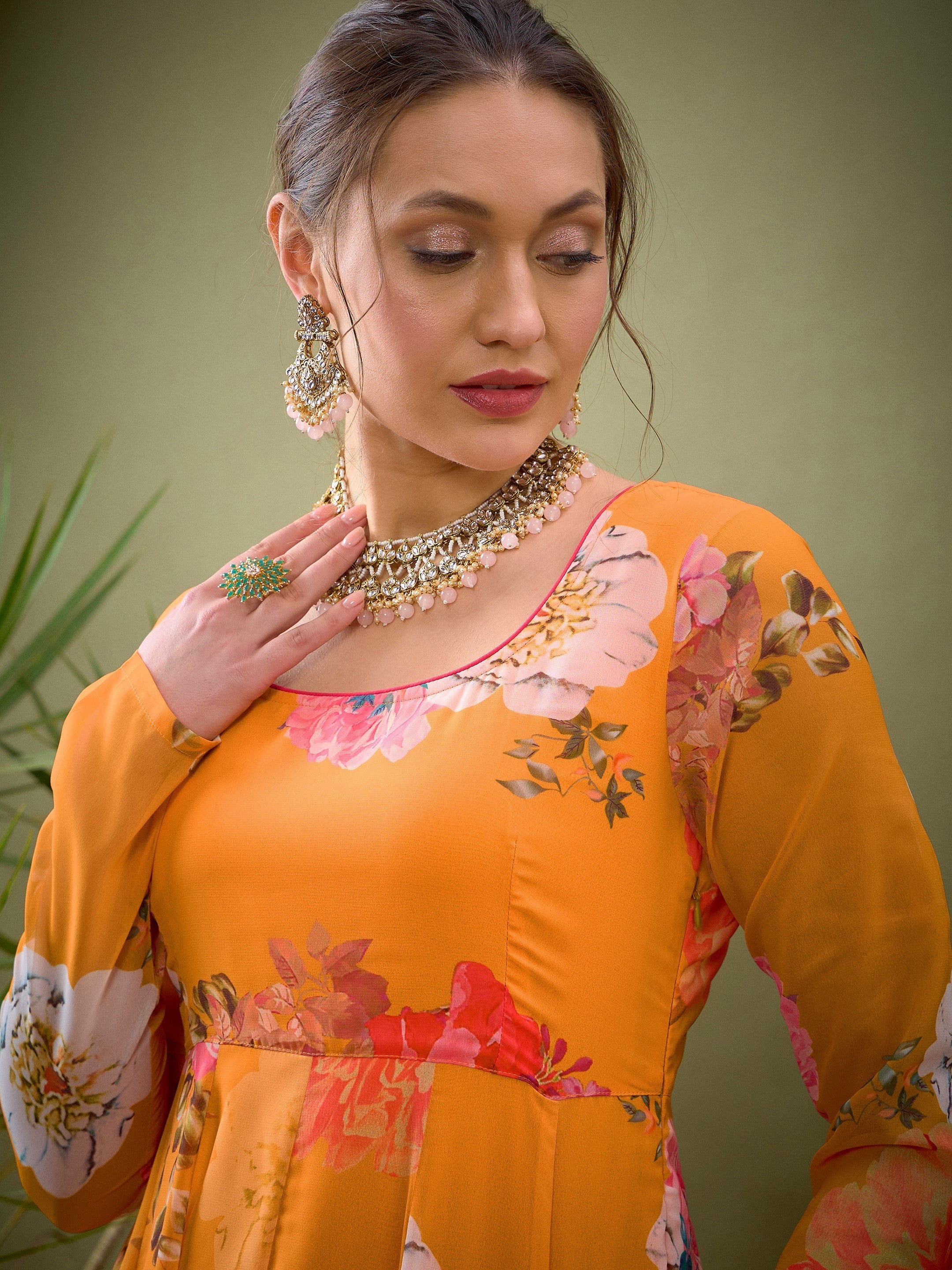 Women Yellow Floral Anarkali Kurta - Image 4