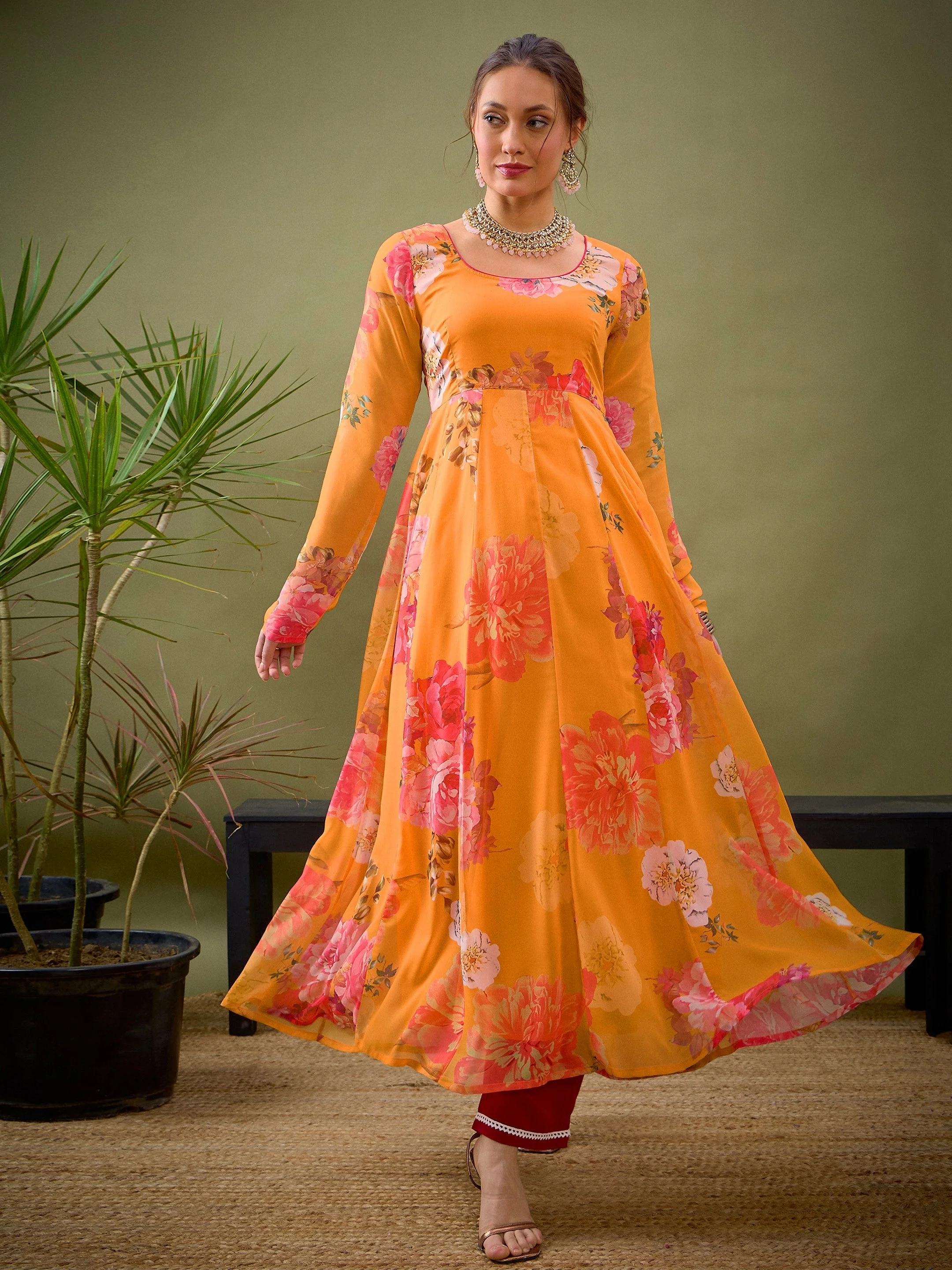Women Yellow Floral Anarkali Kurta - Image 6