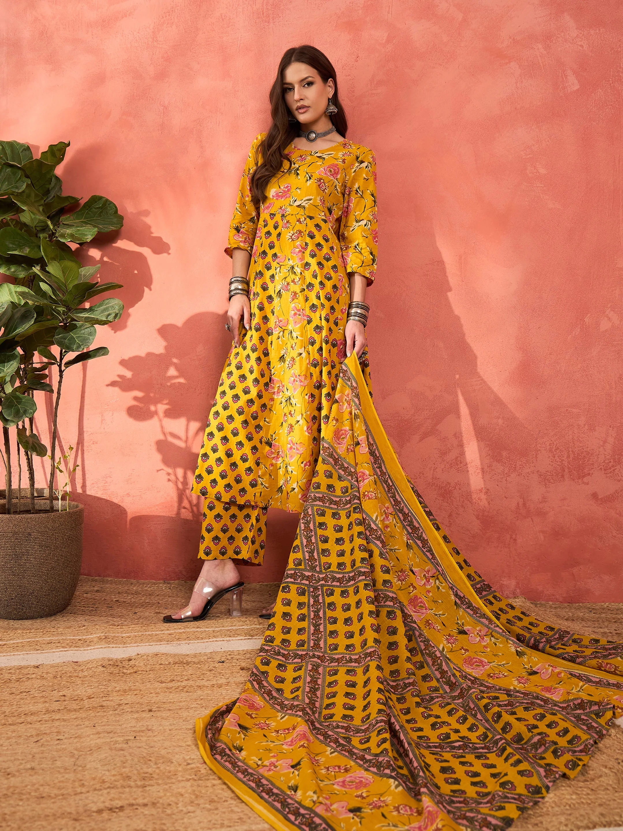 Women Yellow Floral Anarkali Kurta With Pants & Dupatta - Image 2