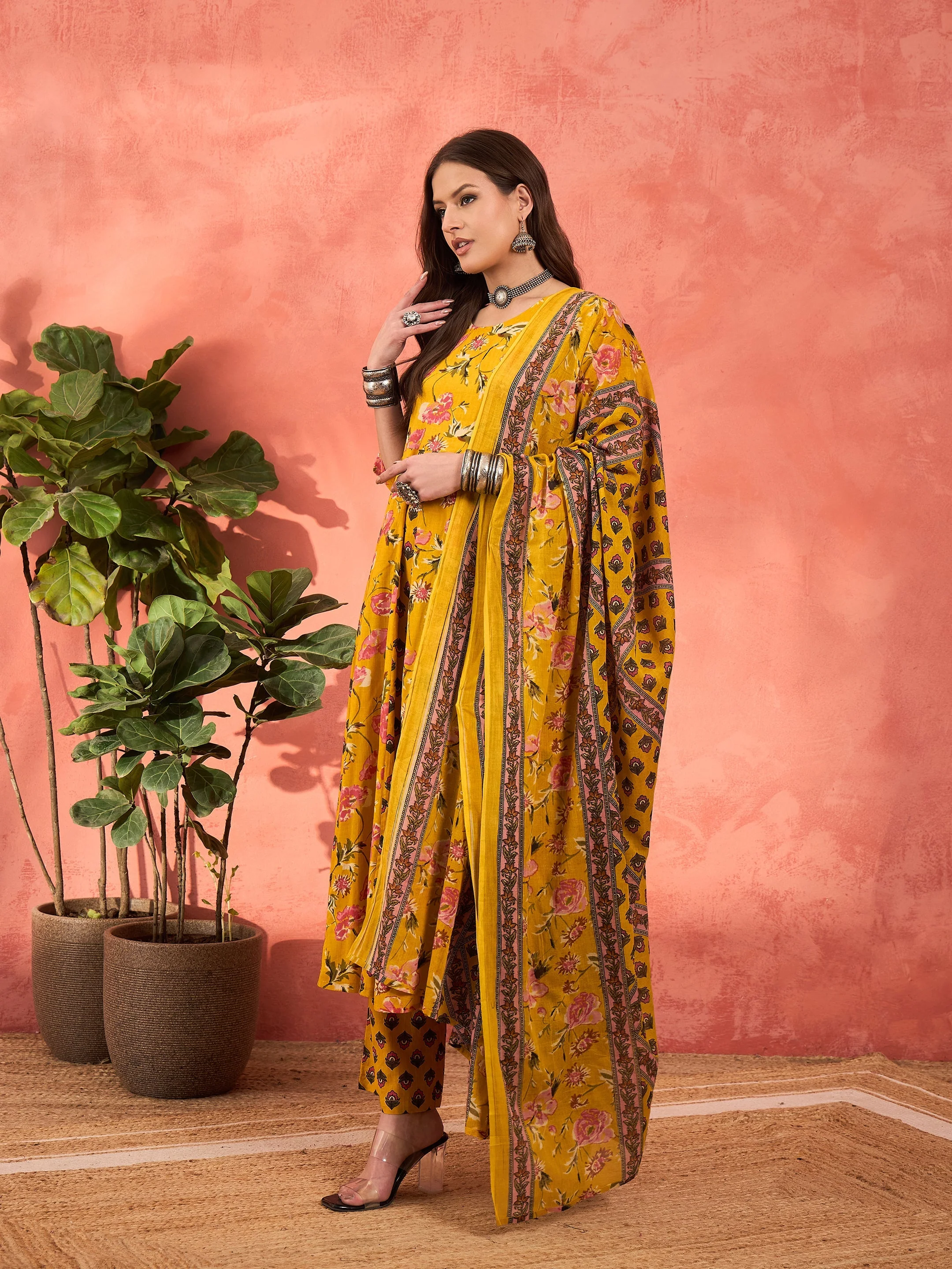Women Yellow Floral Anarkali Kurta With Pants & Dupatta - Image 3
