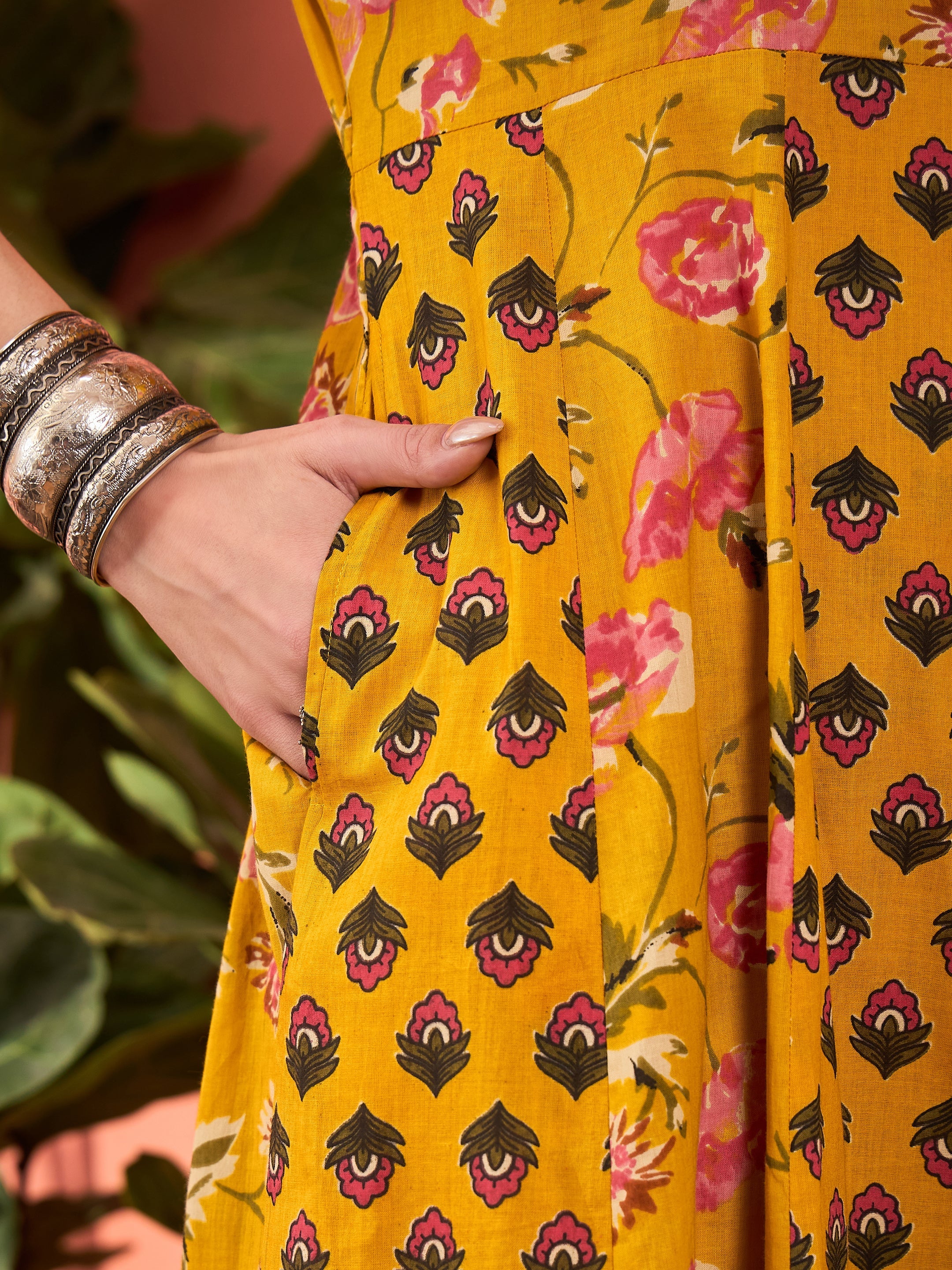 Women Yellow Floral Anarkali Kurta With Pants & Dupatta - Image 5