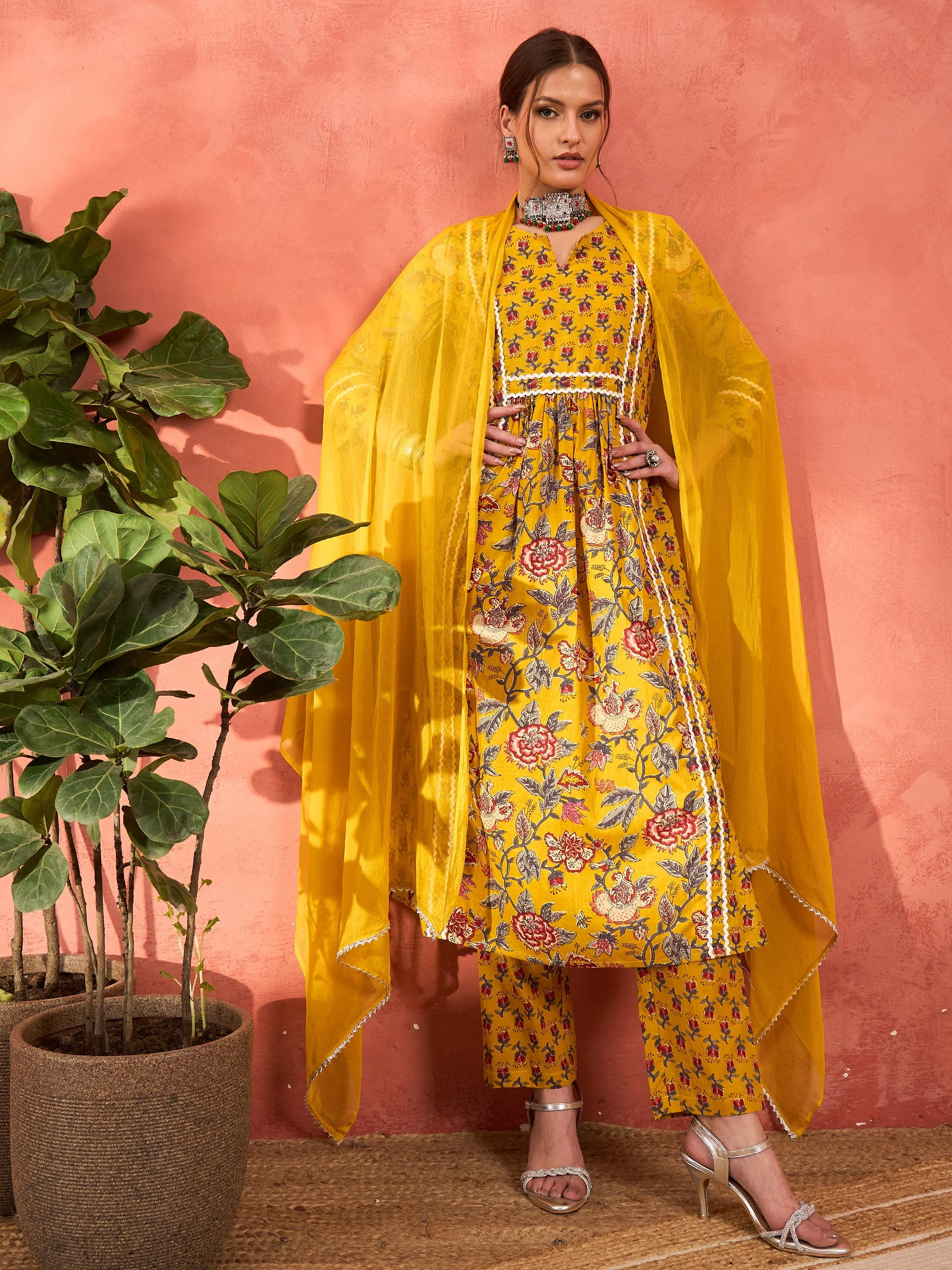 Women Yellow Floral Anarkali Kurta With Pencil Pants & Dupatta - Image 2
