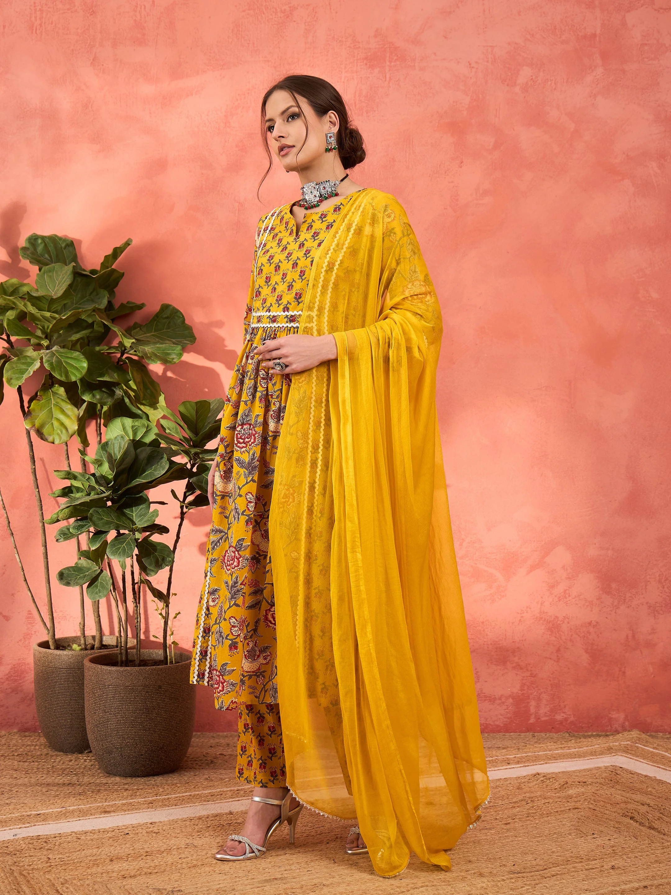 Women Yellow Floral Anarkali Kurta With Pencil Pants & Dupatta - Image 3