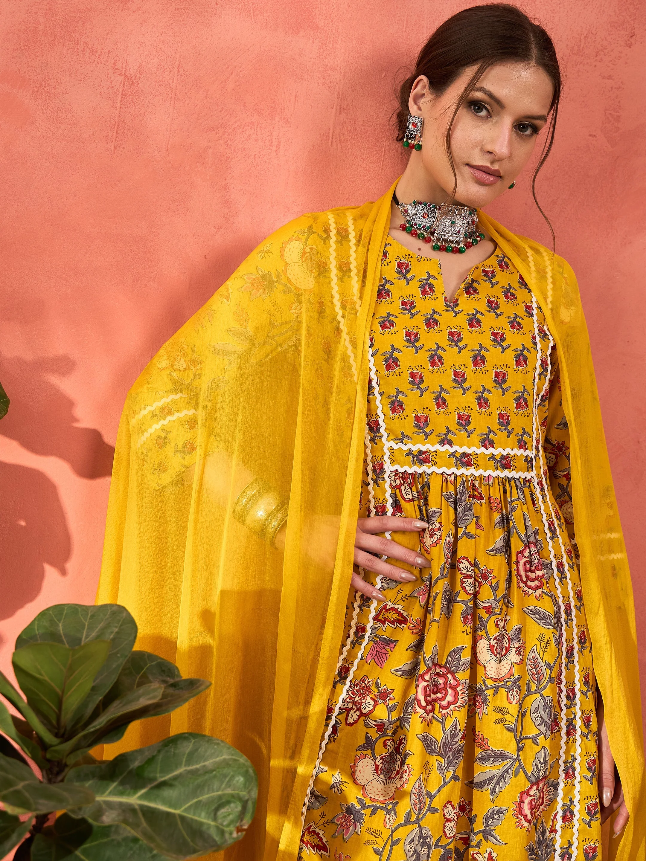 Women Yellow Floral Anarkali Kurta With Pencil Pants & Dupatta - Image 4