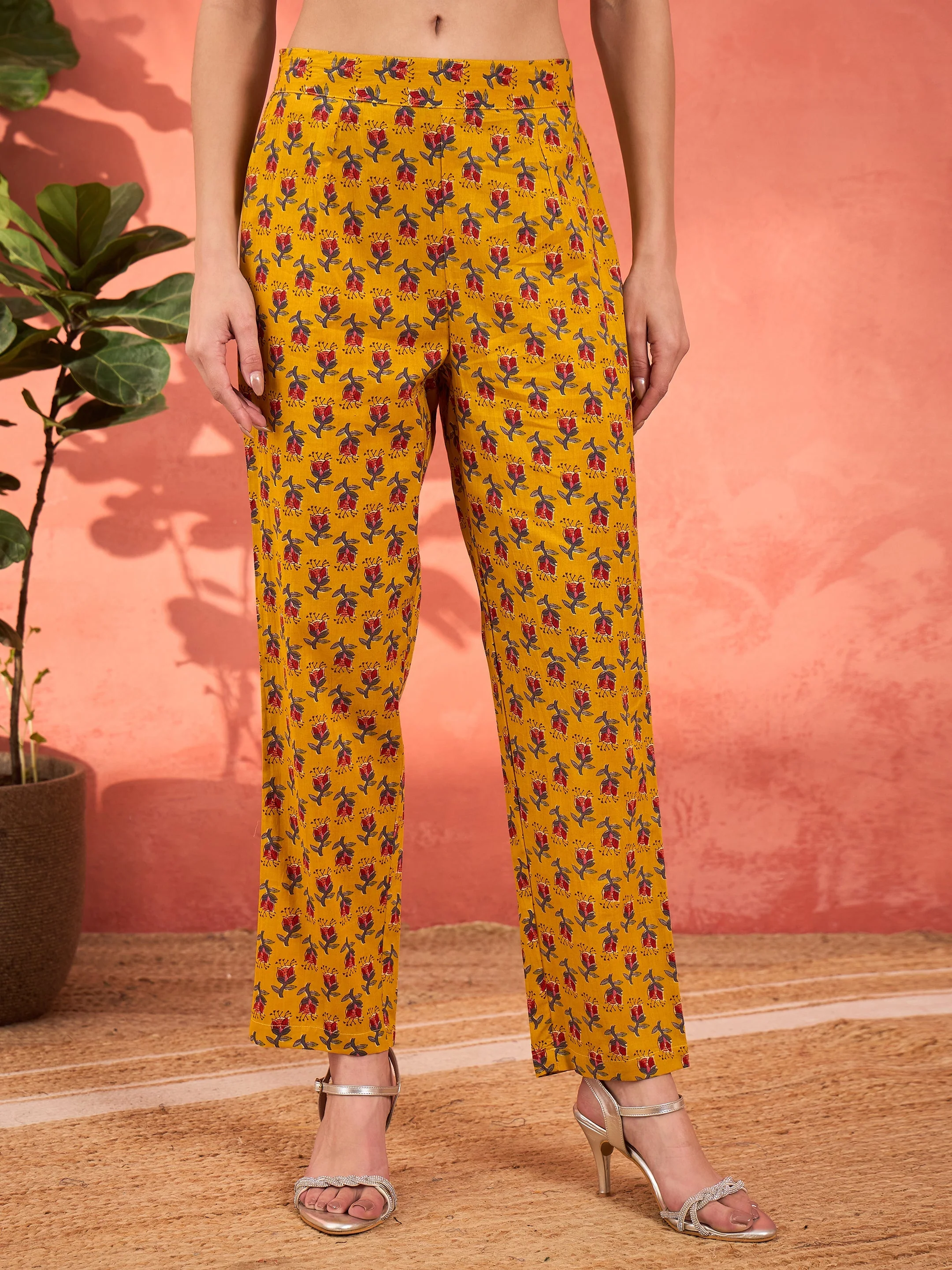 Women Yellow Floral Anarkali Kurta With Pencil Pants & Dupatta - Image 5