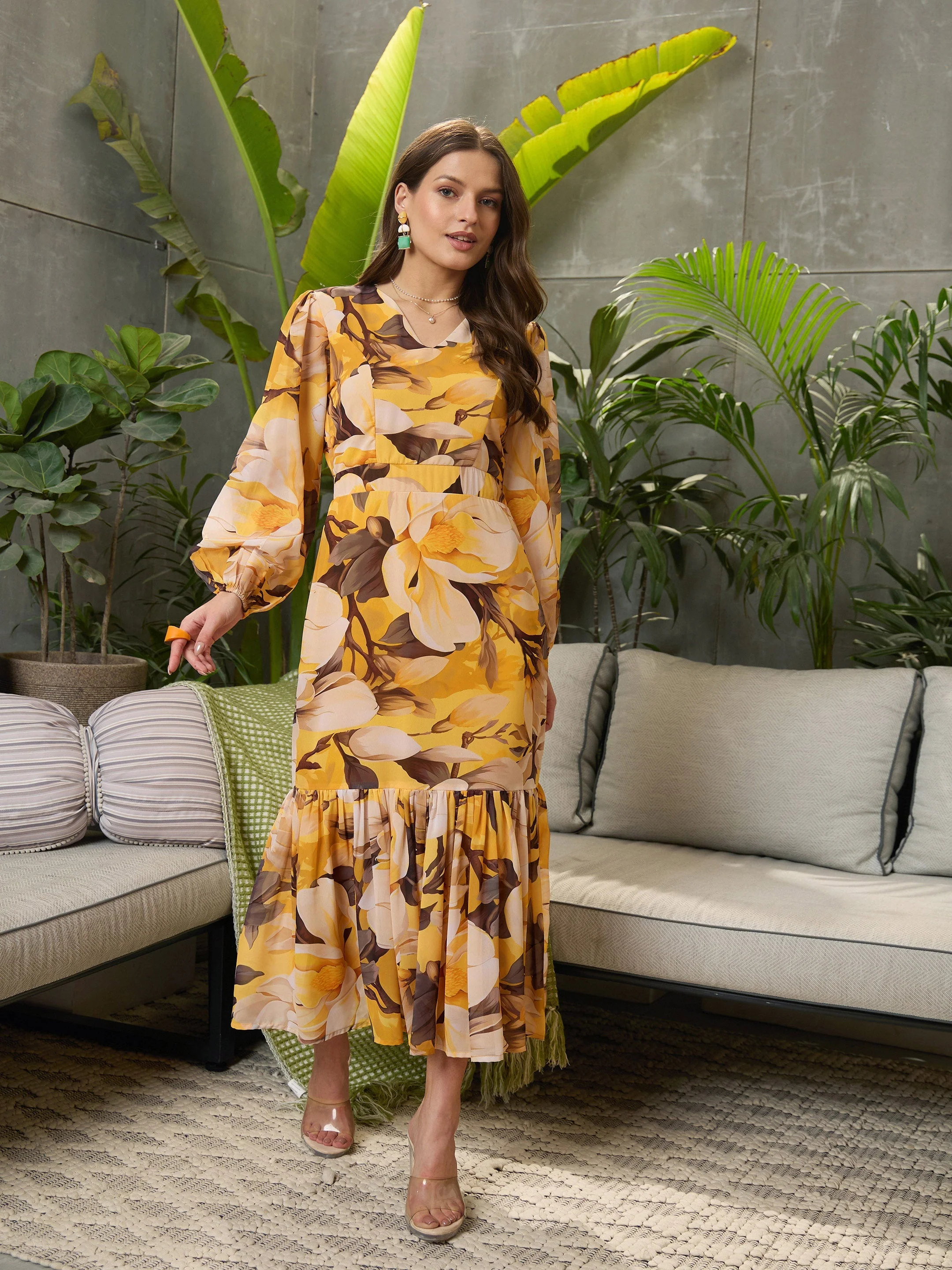 Women Yellow Floral Baloon Sleeve Midi Dress - Image 3