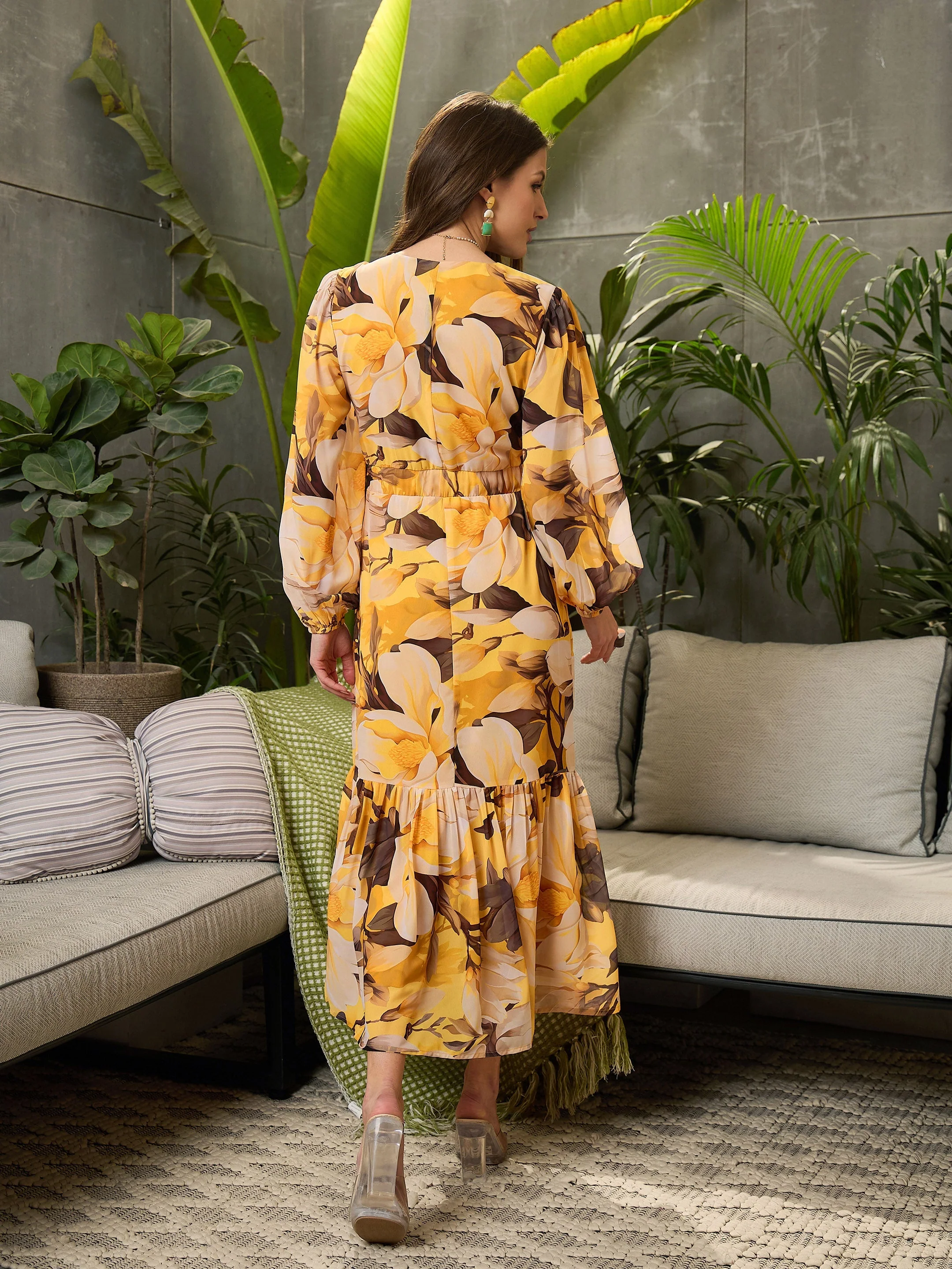 Women Yellow Floral Baloon Sleeve Midi Dress - Image 5