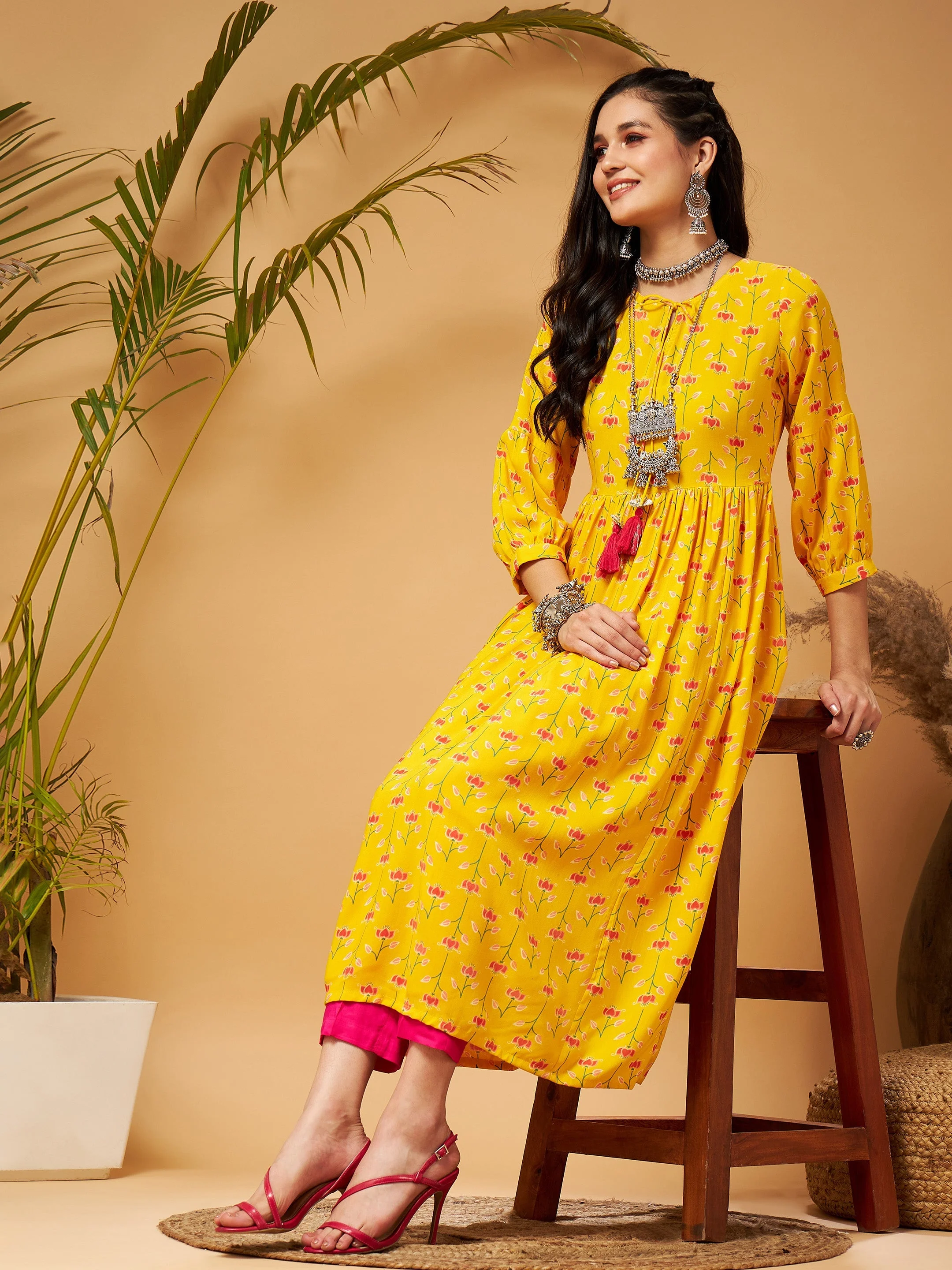 Women Yellow Floral Bishop Sleeves Tie-Up Kurta - Image 2