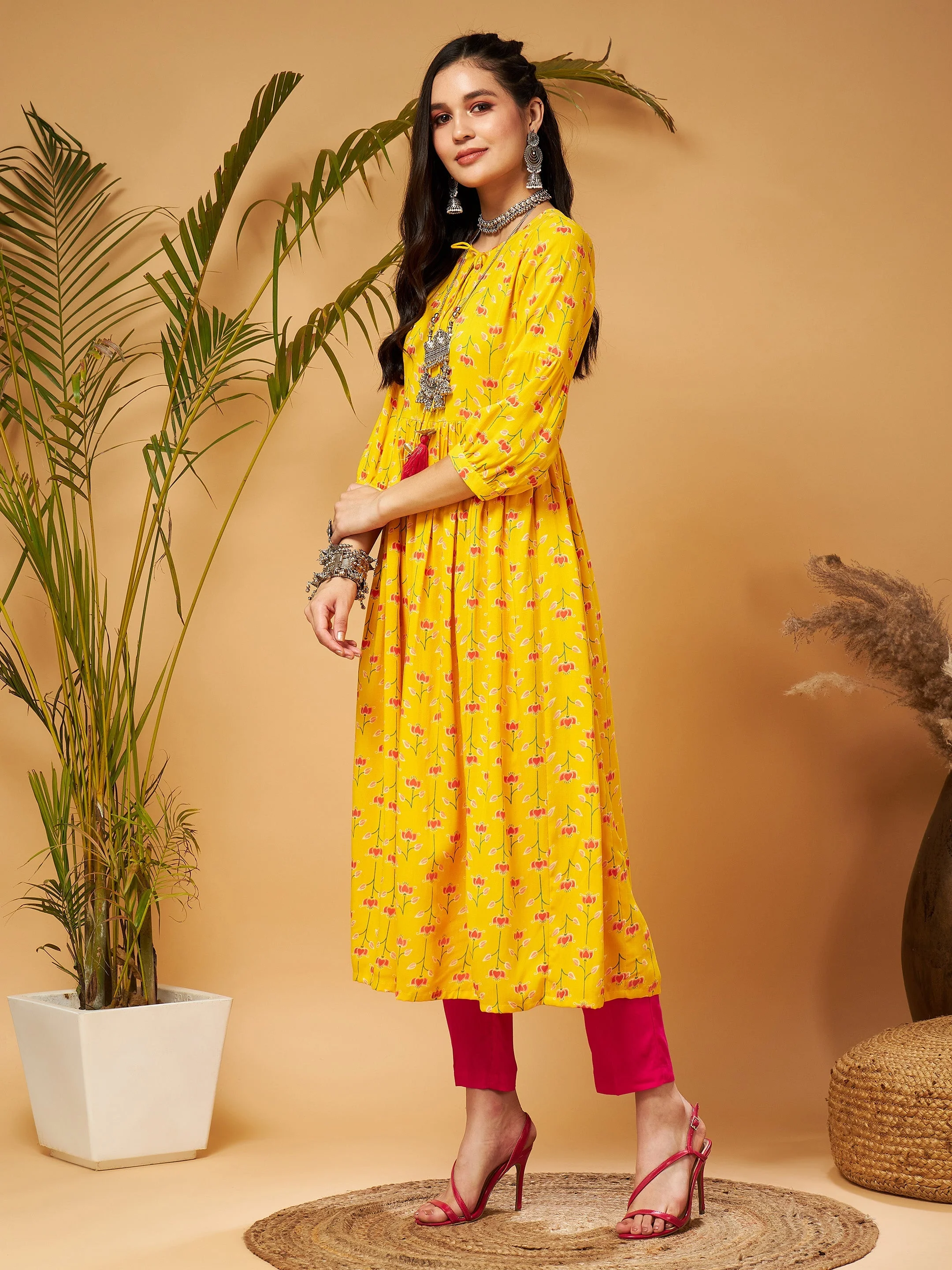 Women Yellow Floral Bishop Sleeves Tie-Up Kurta - Image 3