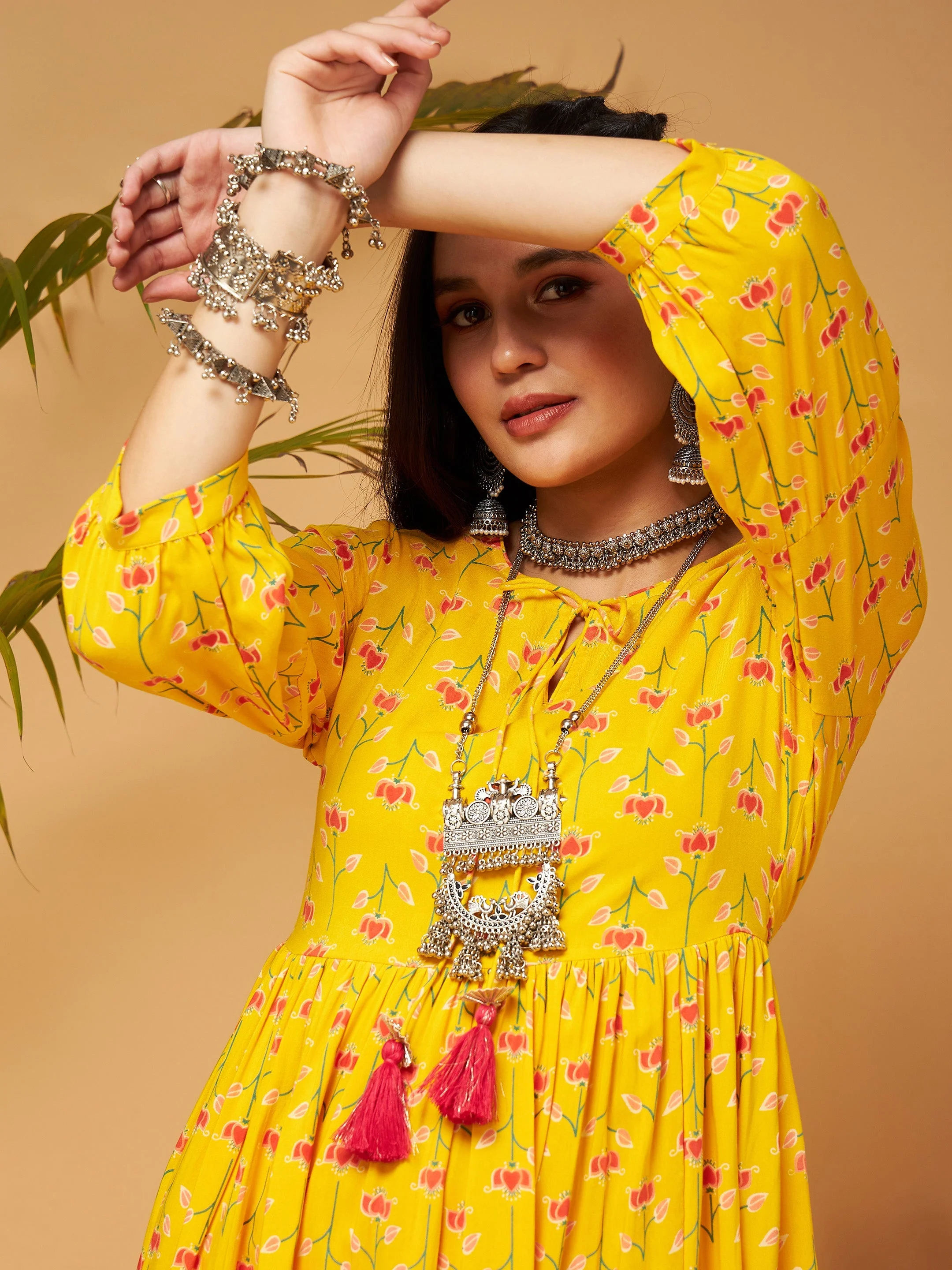 Women Yellow Floral Bishop Sleeves Tie-Up Kurta - Image 4