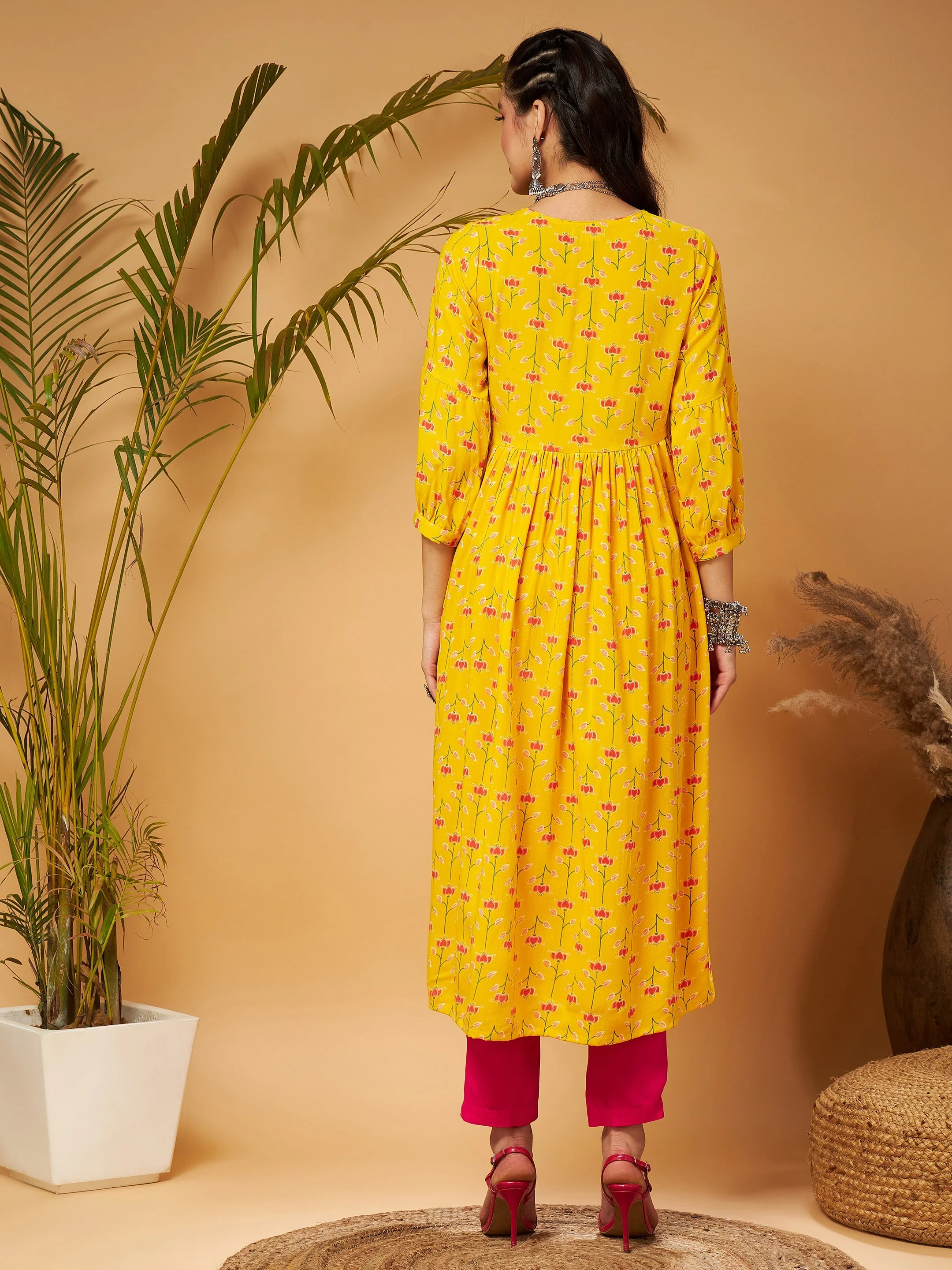 Women Yellow Floral Bishop Sleeves Tie-Up Kurta - Image 5