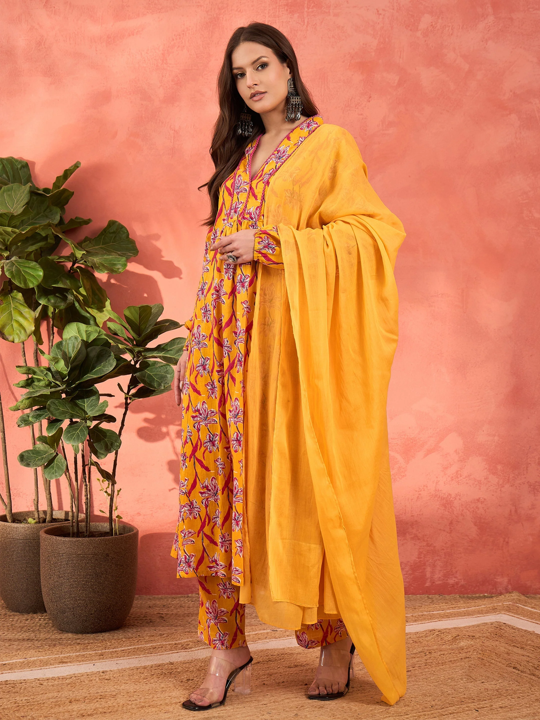 Women Yellow Floral Cambric V Neck Kurta With Pencil Pants & Dupatta - Image 2