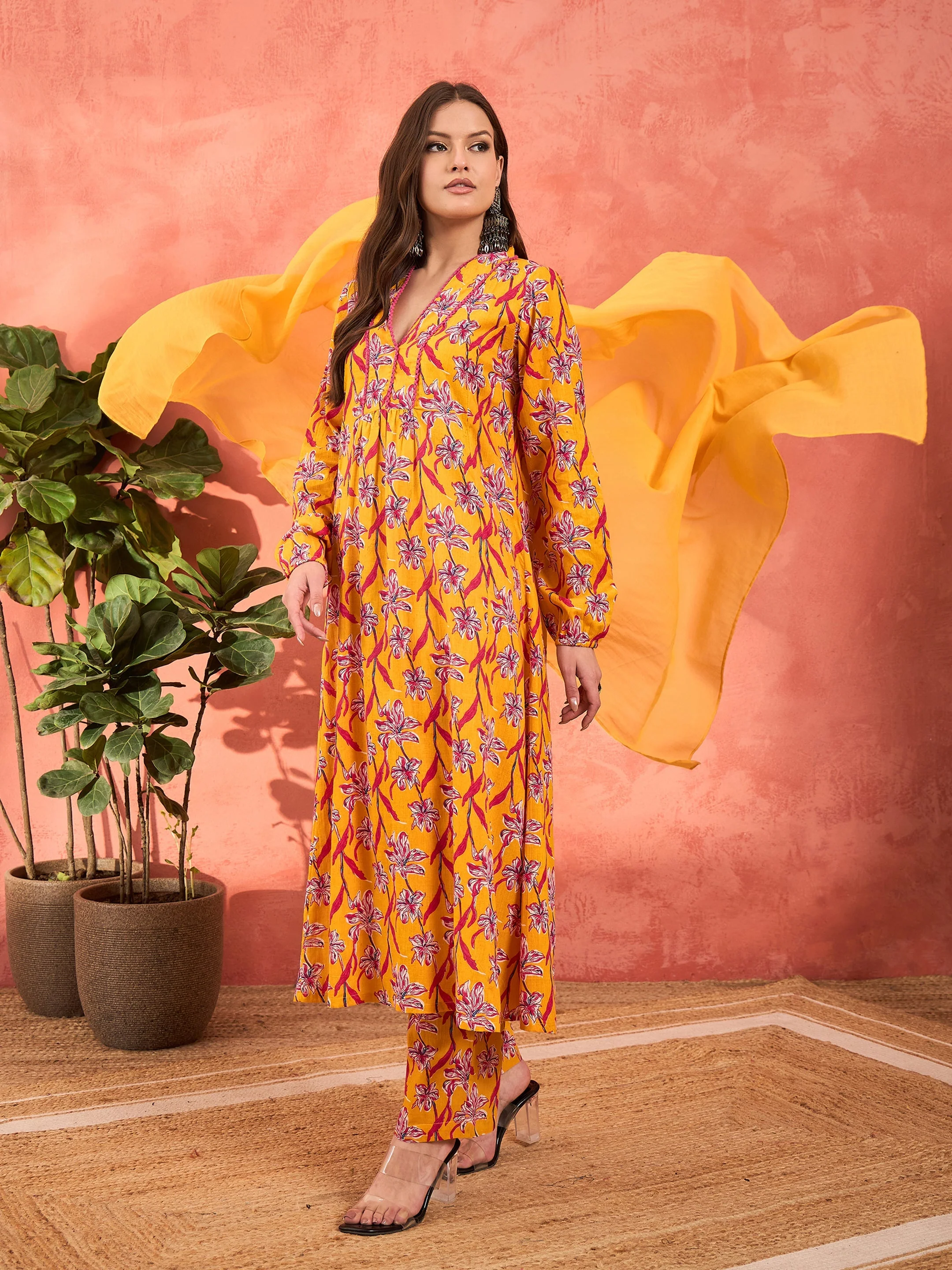 Women Yellow Floral Cambric V Neck Kurta With Pencil Pants & Dupatta - Image 3