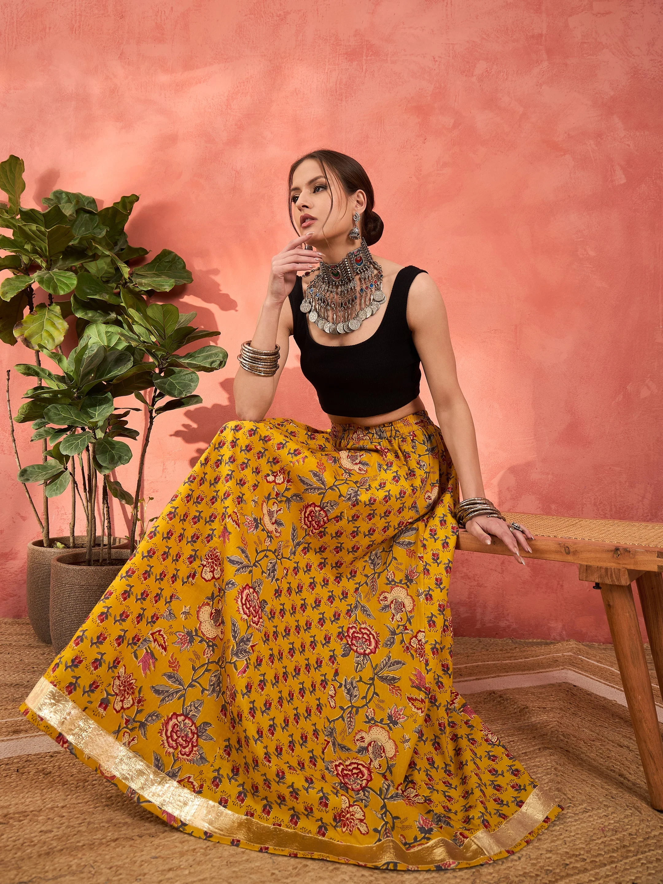 Women Yellow Floral Elasticated Anarkali Skirt - Image 2