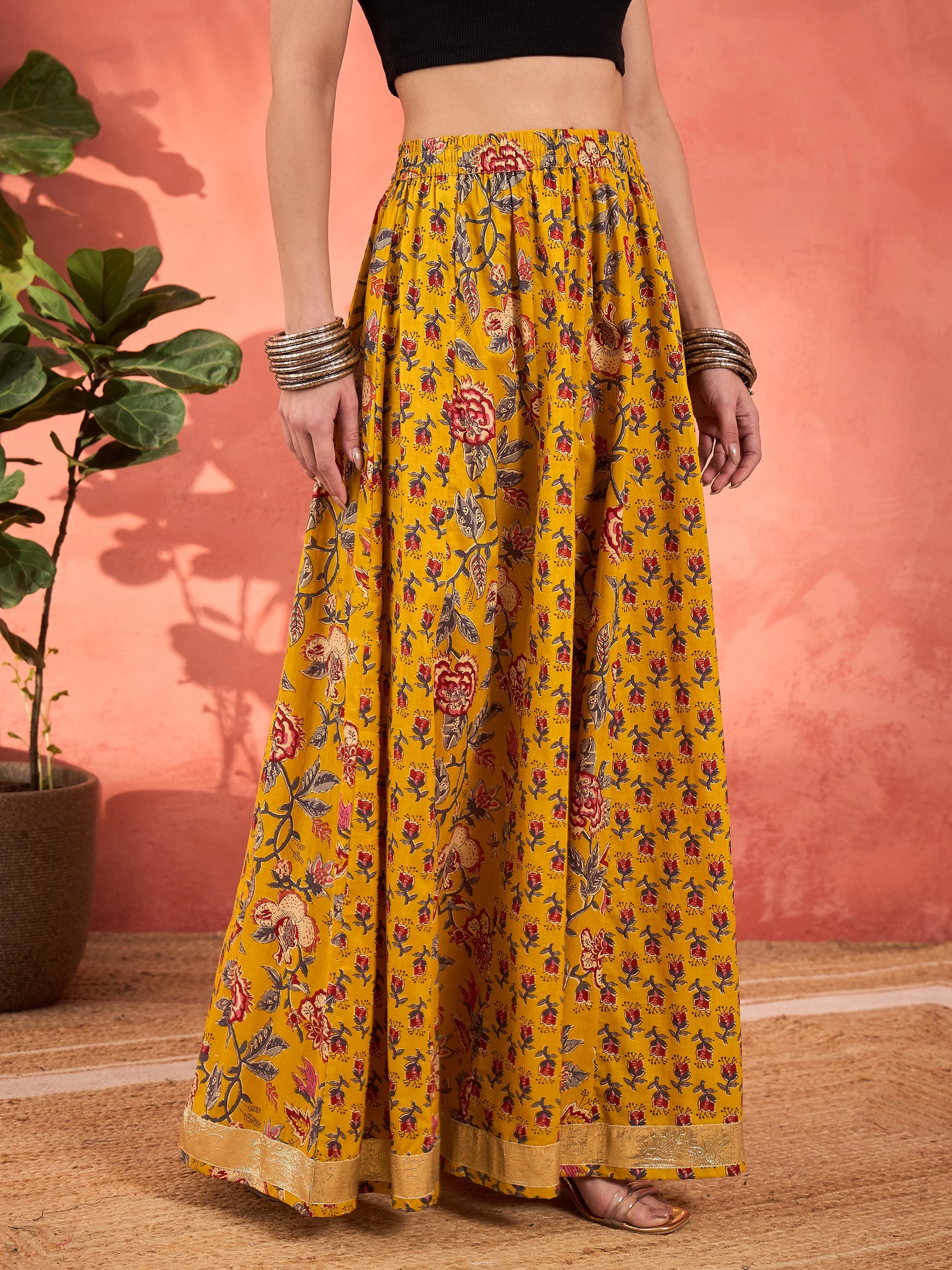 Women Yellow Floral Elasticated Anarkali Skirt - Image 3