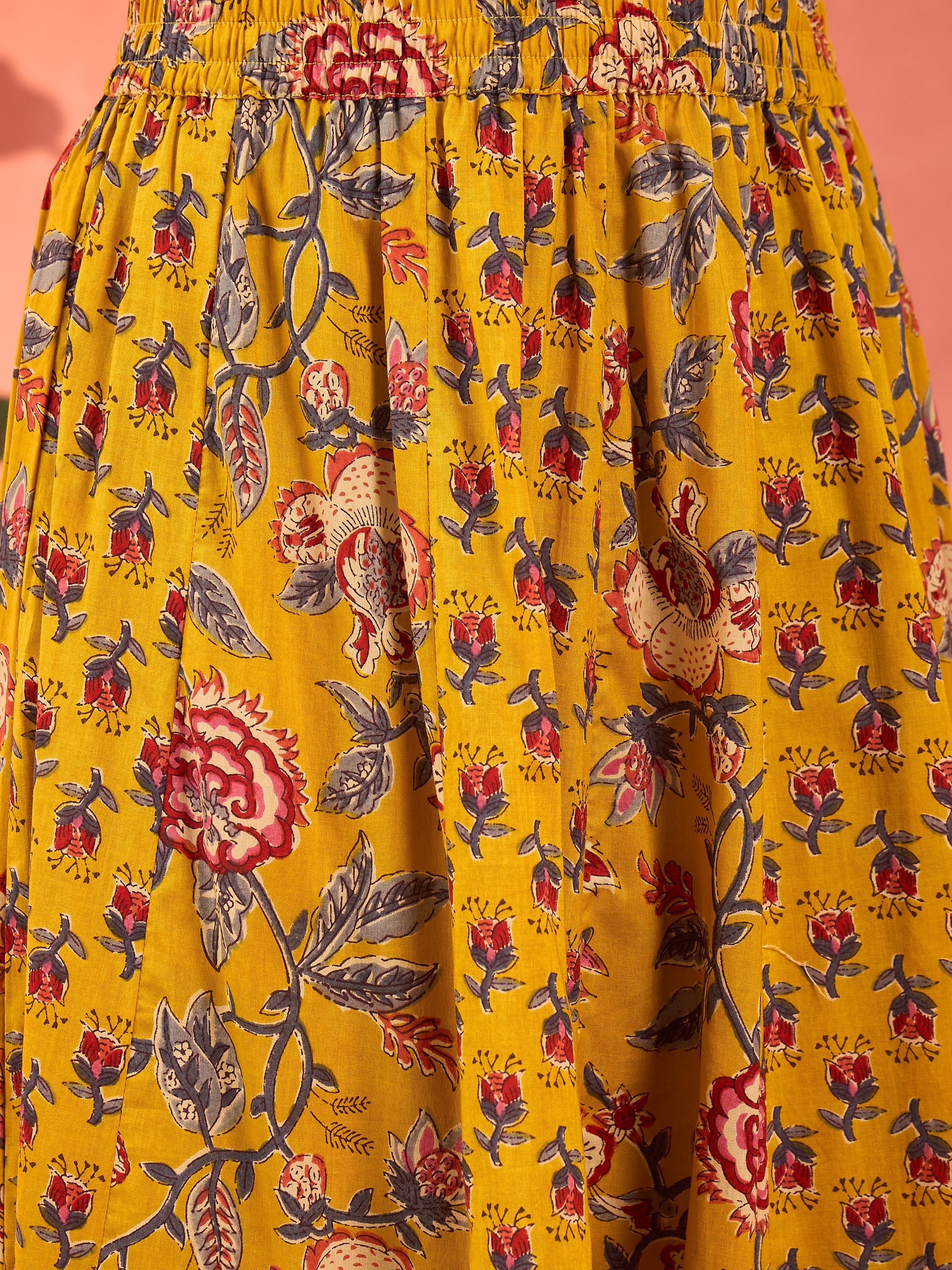 Women Yellow Floral Elasticated Anarkali Skirt - Image 4