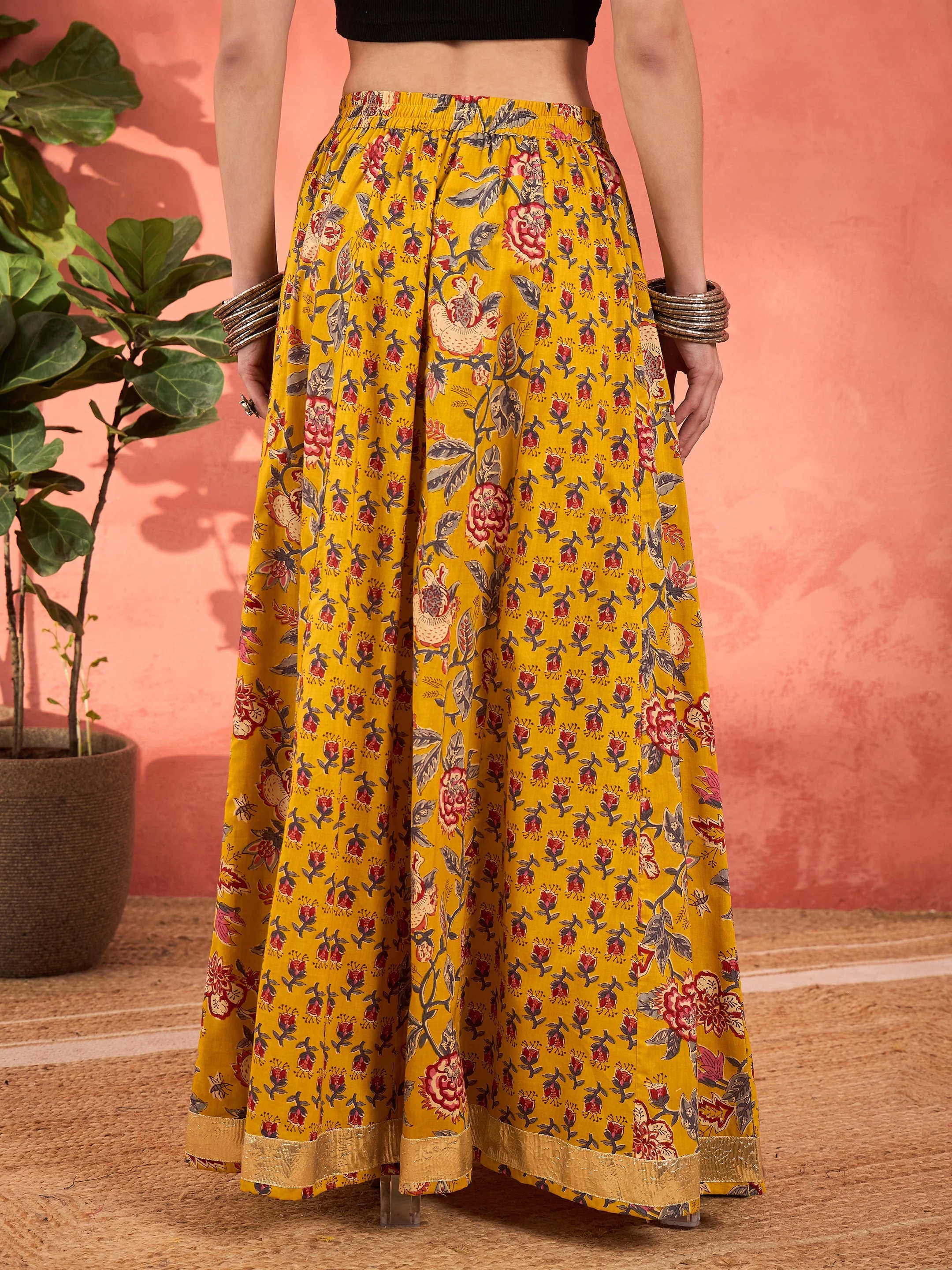 Women Yellow Floral Elasticated Anarkali Skirt - Image 5