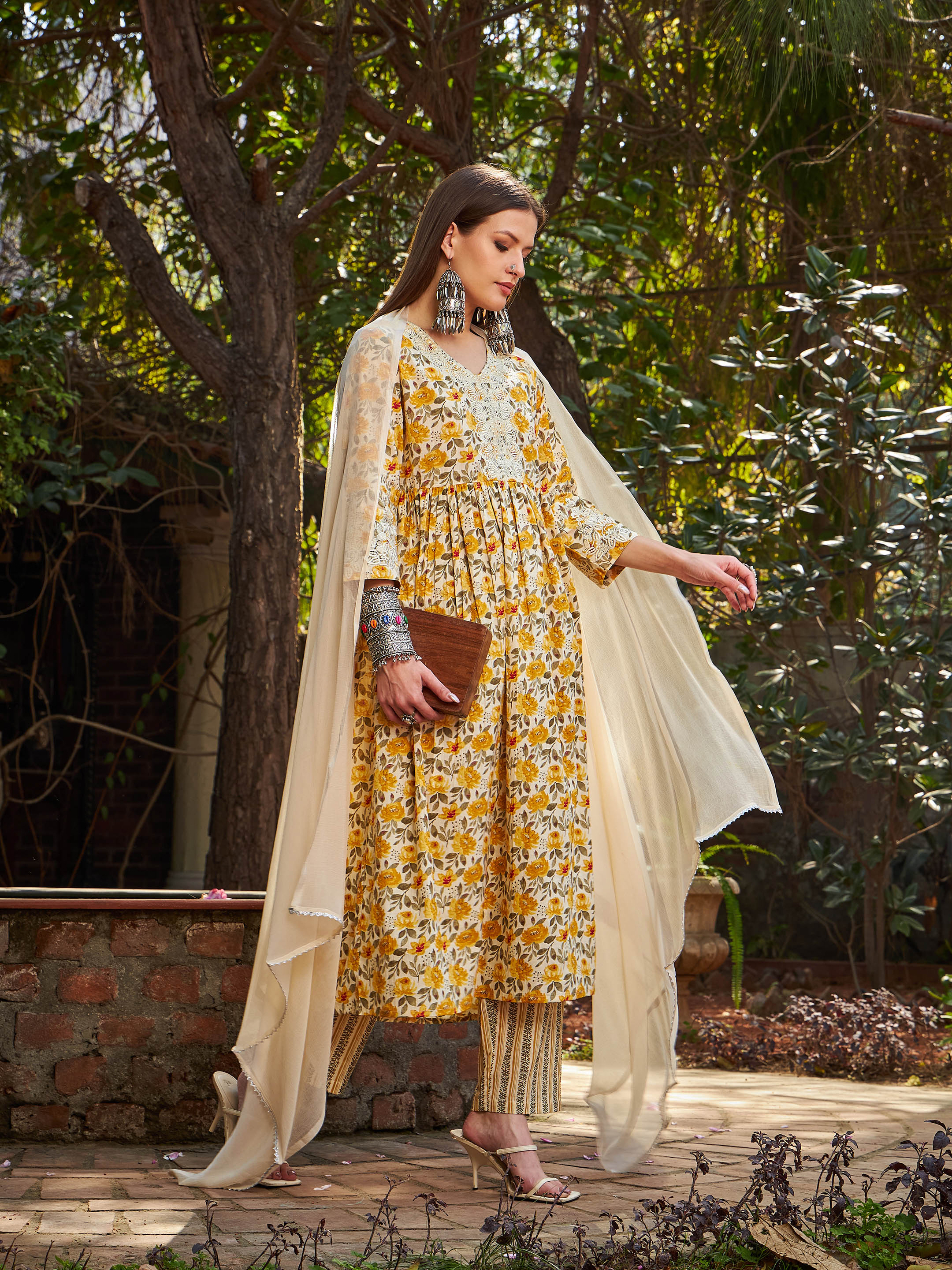 Women Yellow Floral Gathered Kurta With Pencil Pants & Dupatta - Image 2