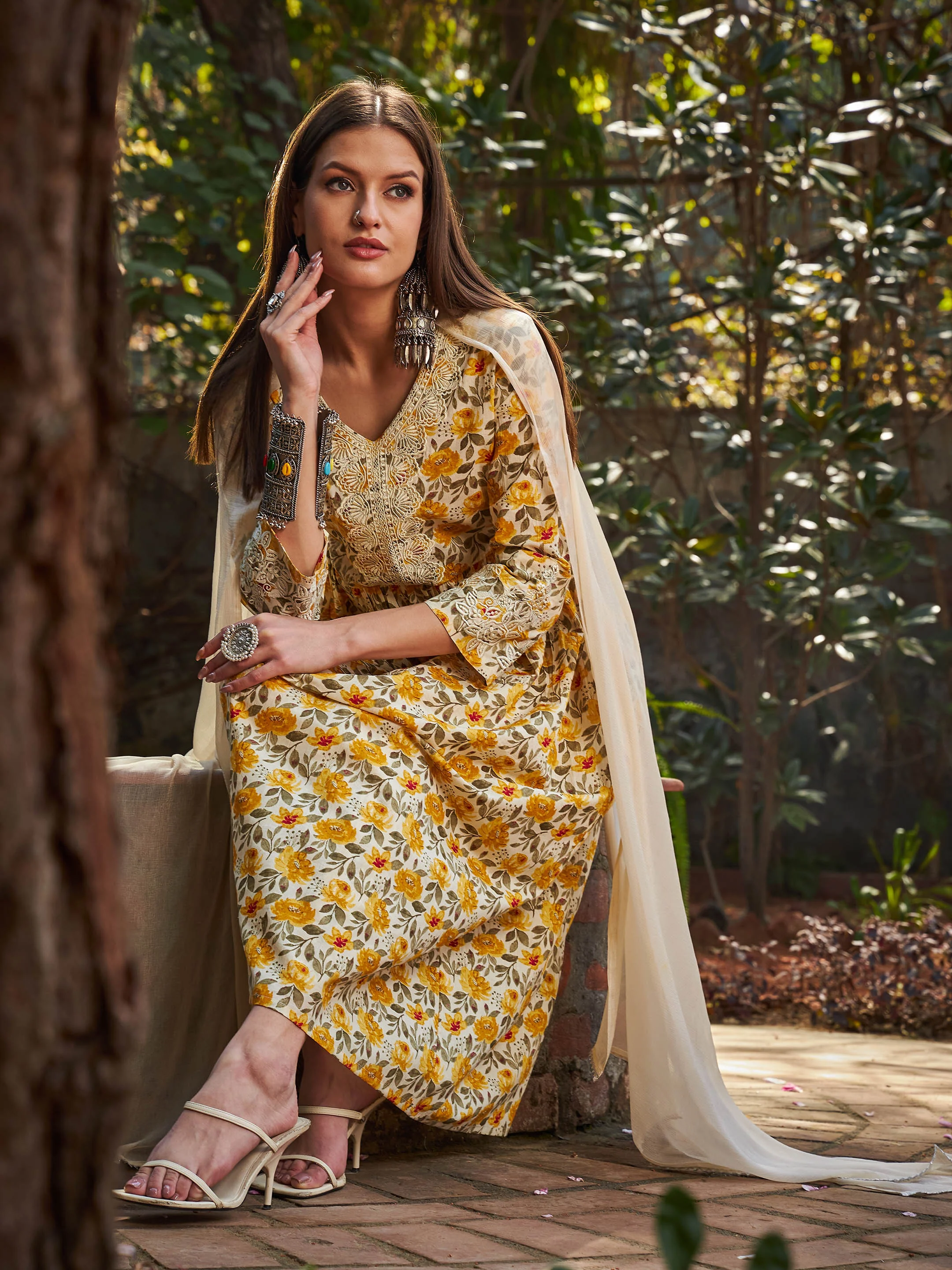 Women Yellow Floral Gathered Kurta With Pencil Pants & Dupatta - Image 4