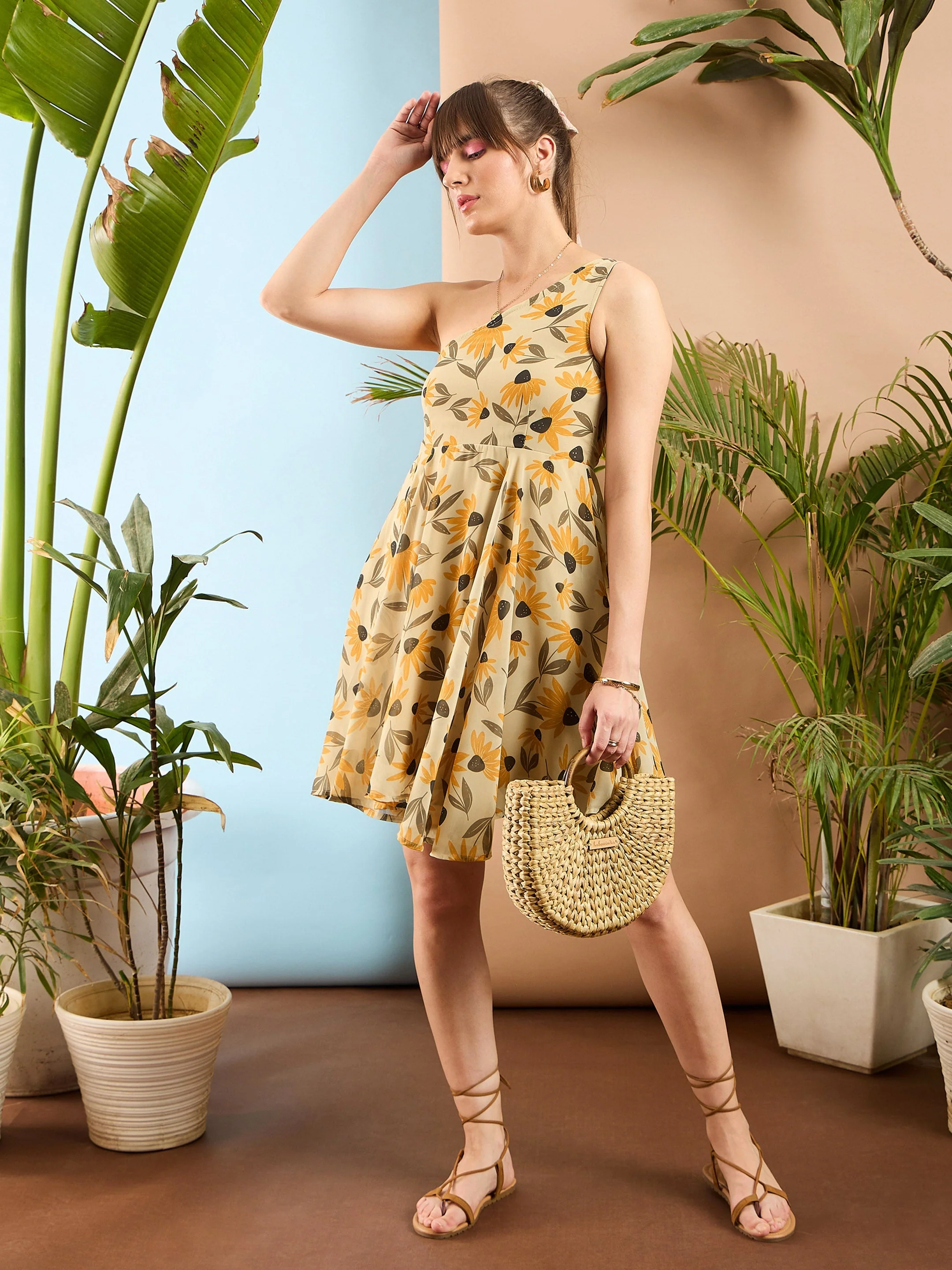 Women Yellow Floral Organza One Shoulder Dress - Image 2