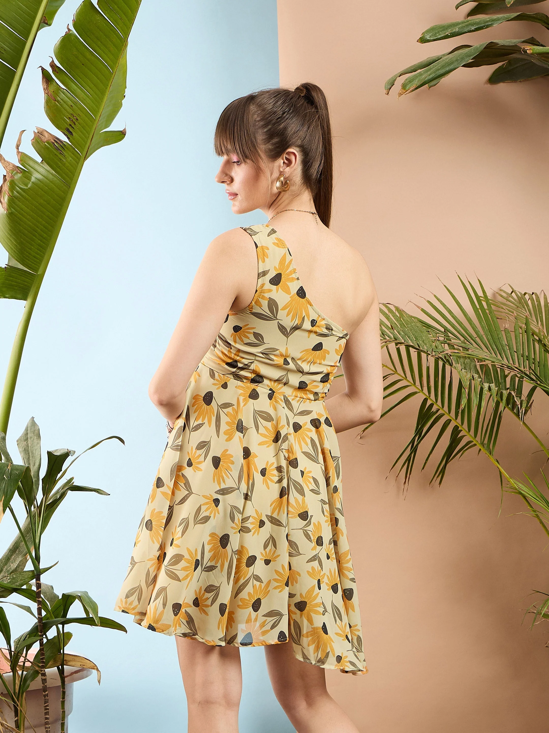 Women Yellow Floral Organza One Shoulder Dress - Image 5