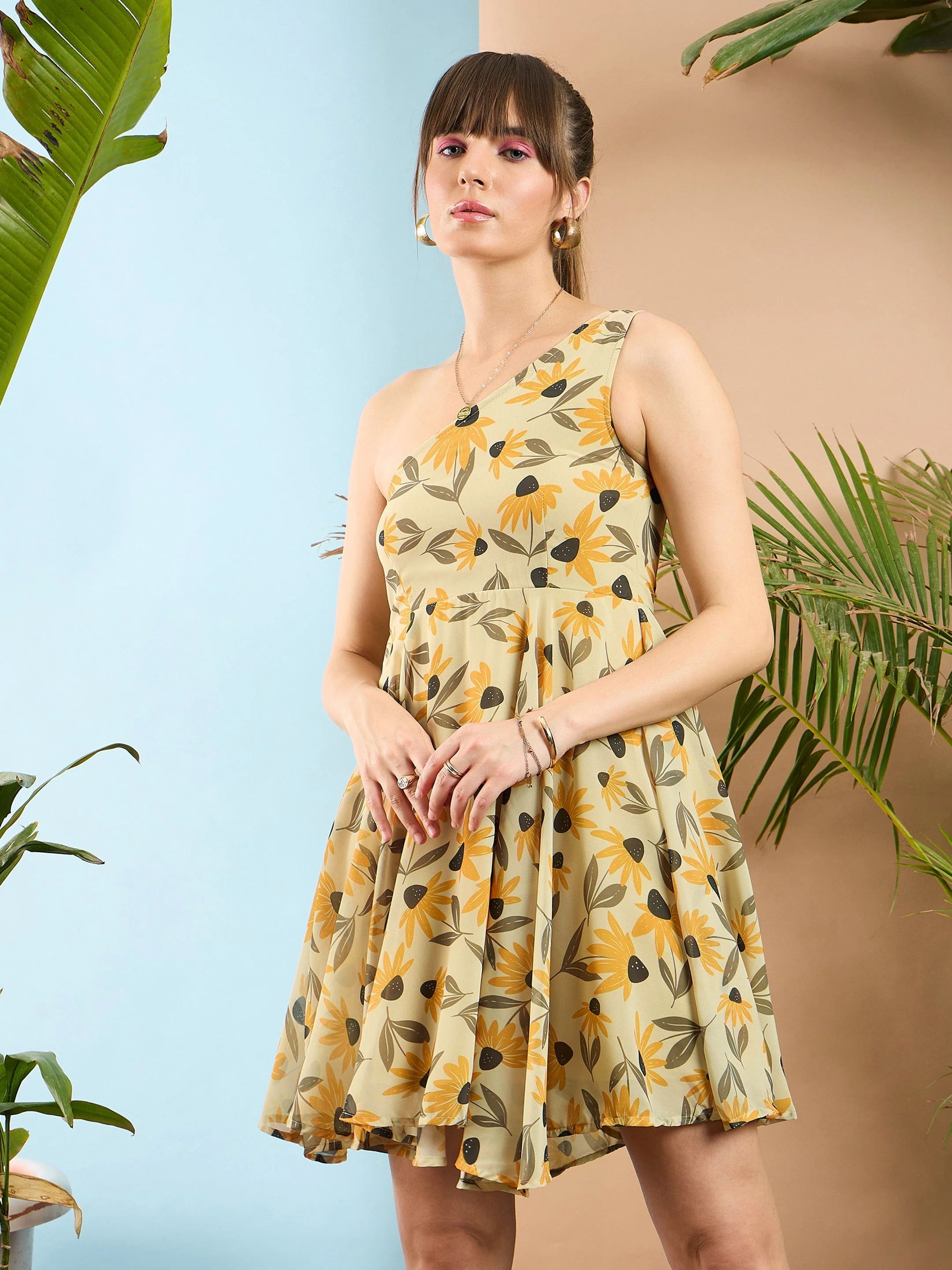 Women Yellow Floral Organza One Shoulder Dress - Image 6