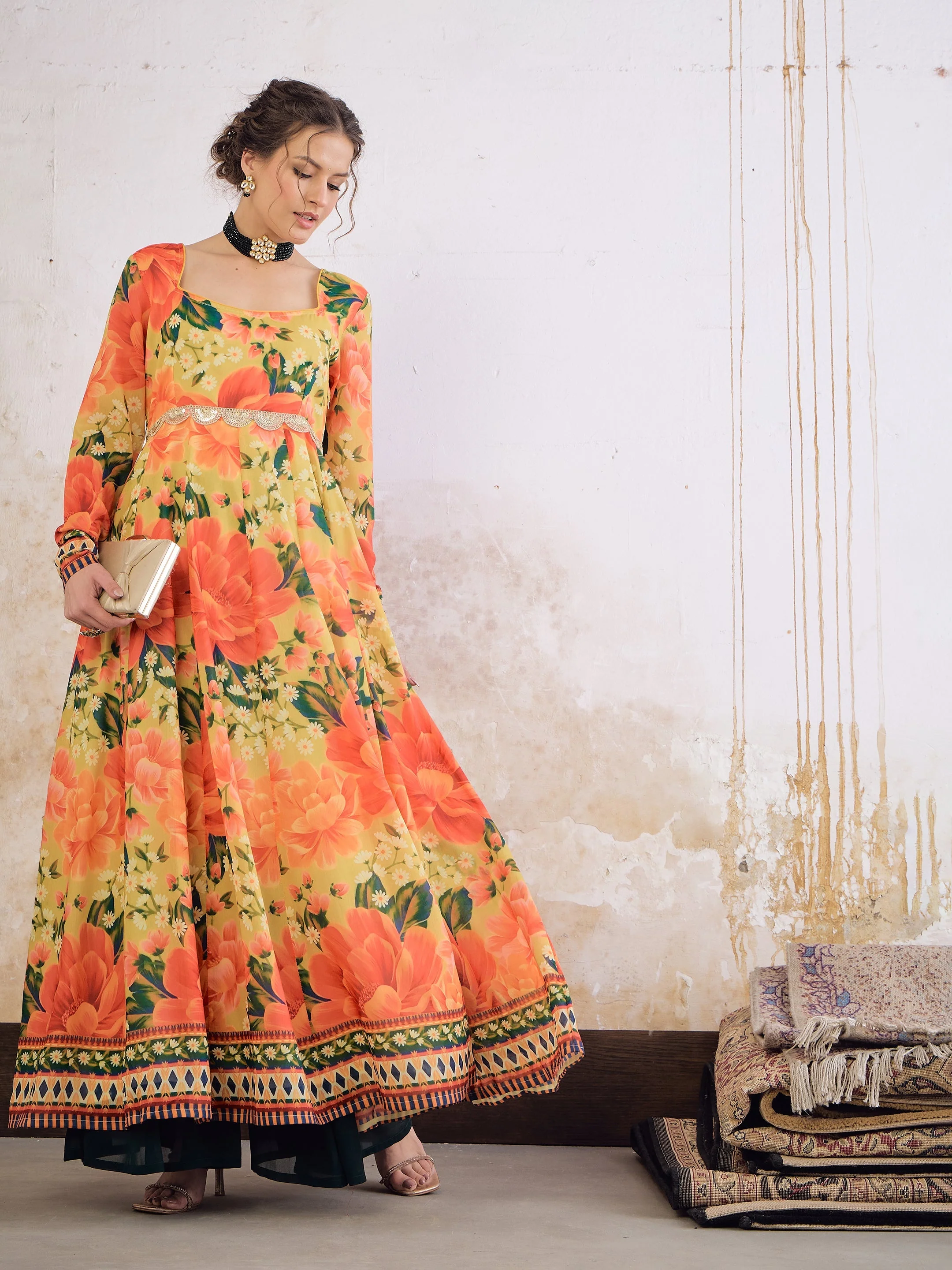 Women Yellow Floral Poly Muslin Anarkali Kurta - Image 2