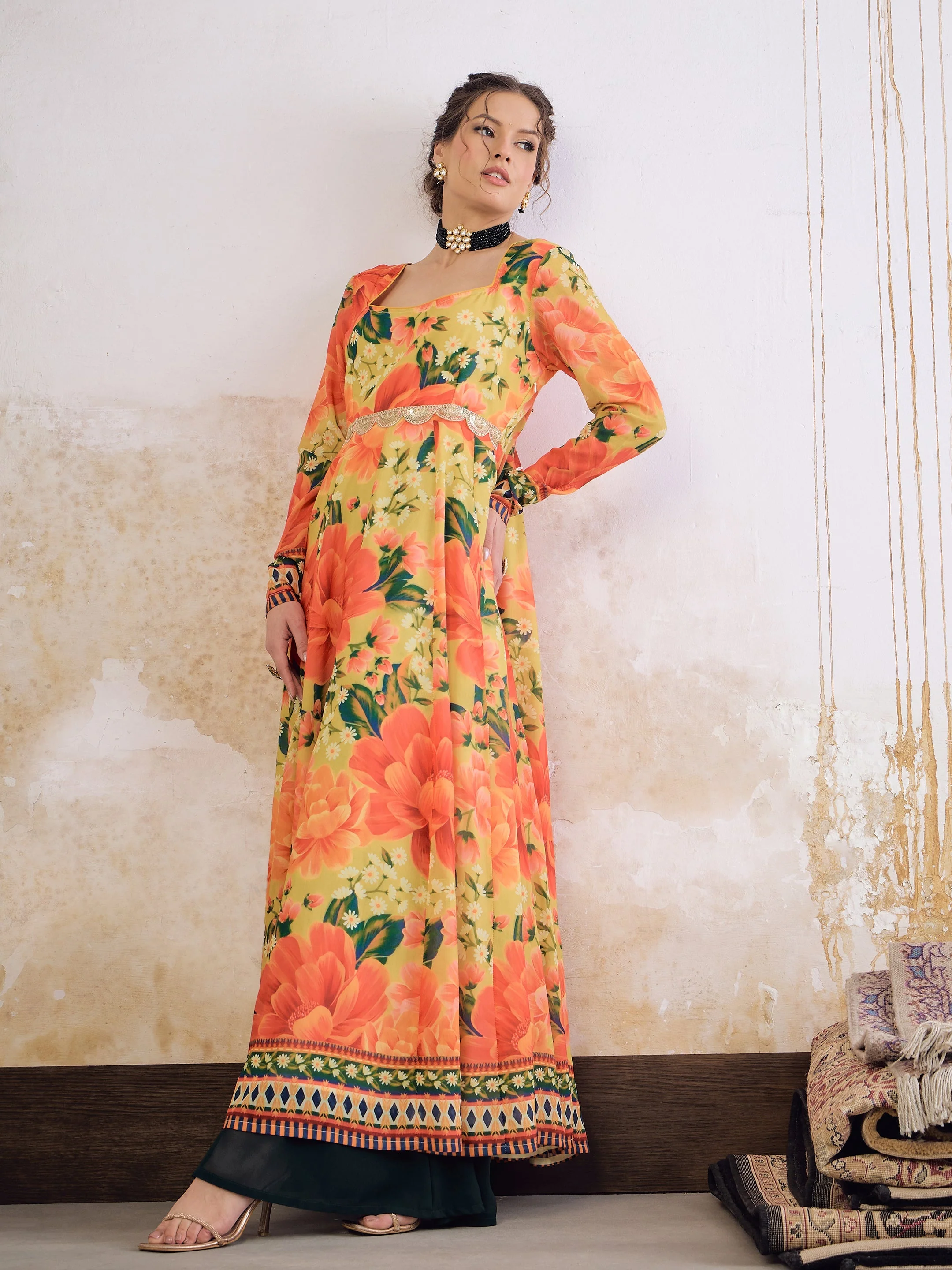 Women Yellow Floral Poly Muslin Anarkali Kurta - Image 3