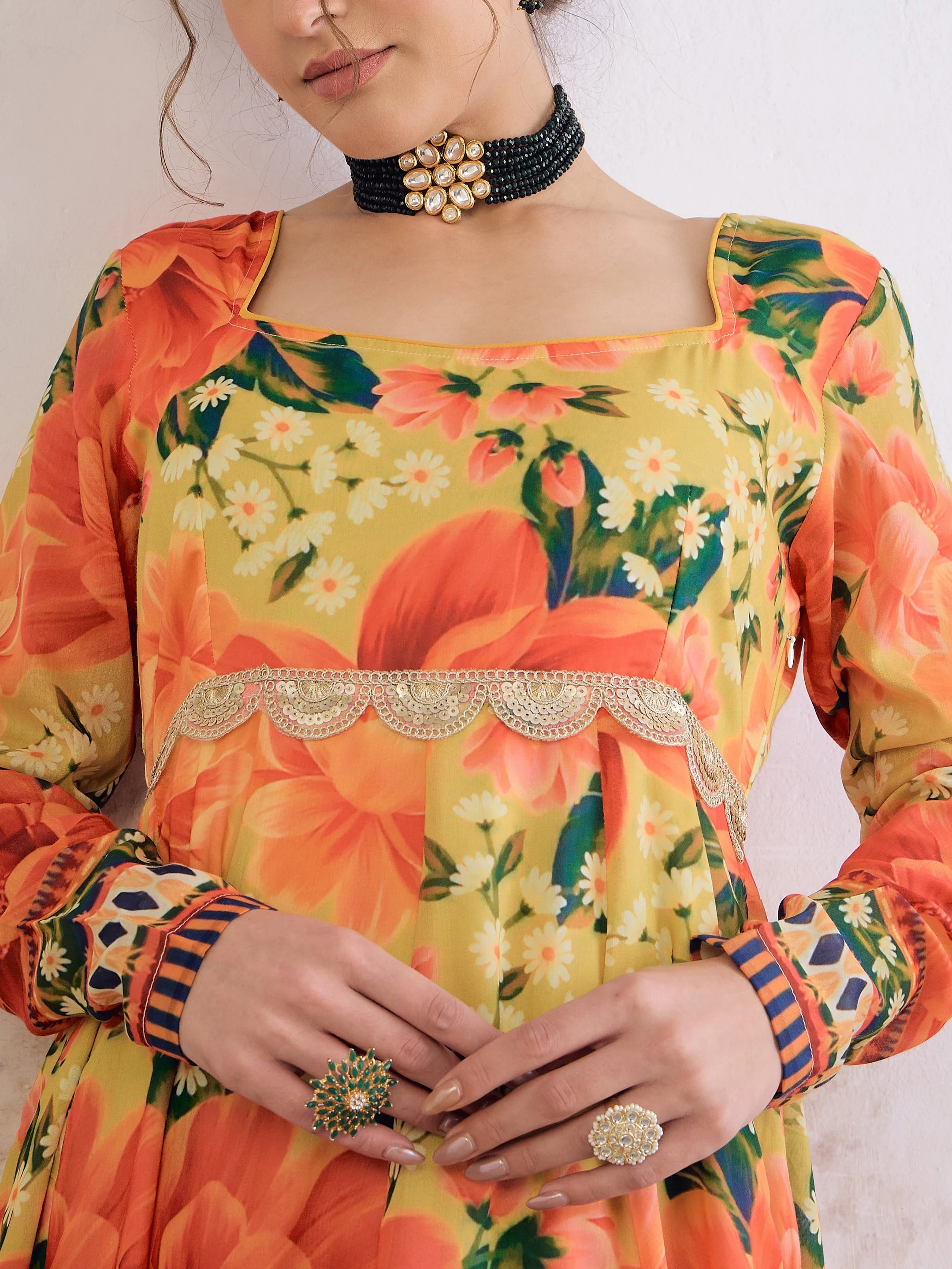 Women Yellow Floral Poly Muslin Anarkali Kurta - Image 4