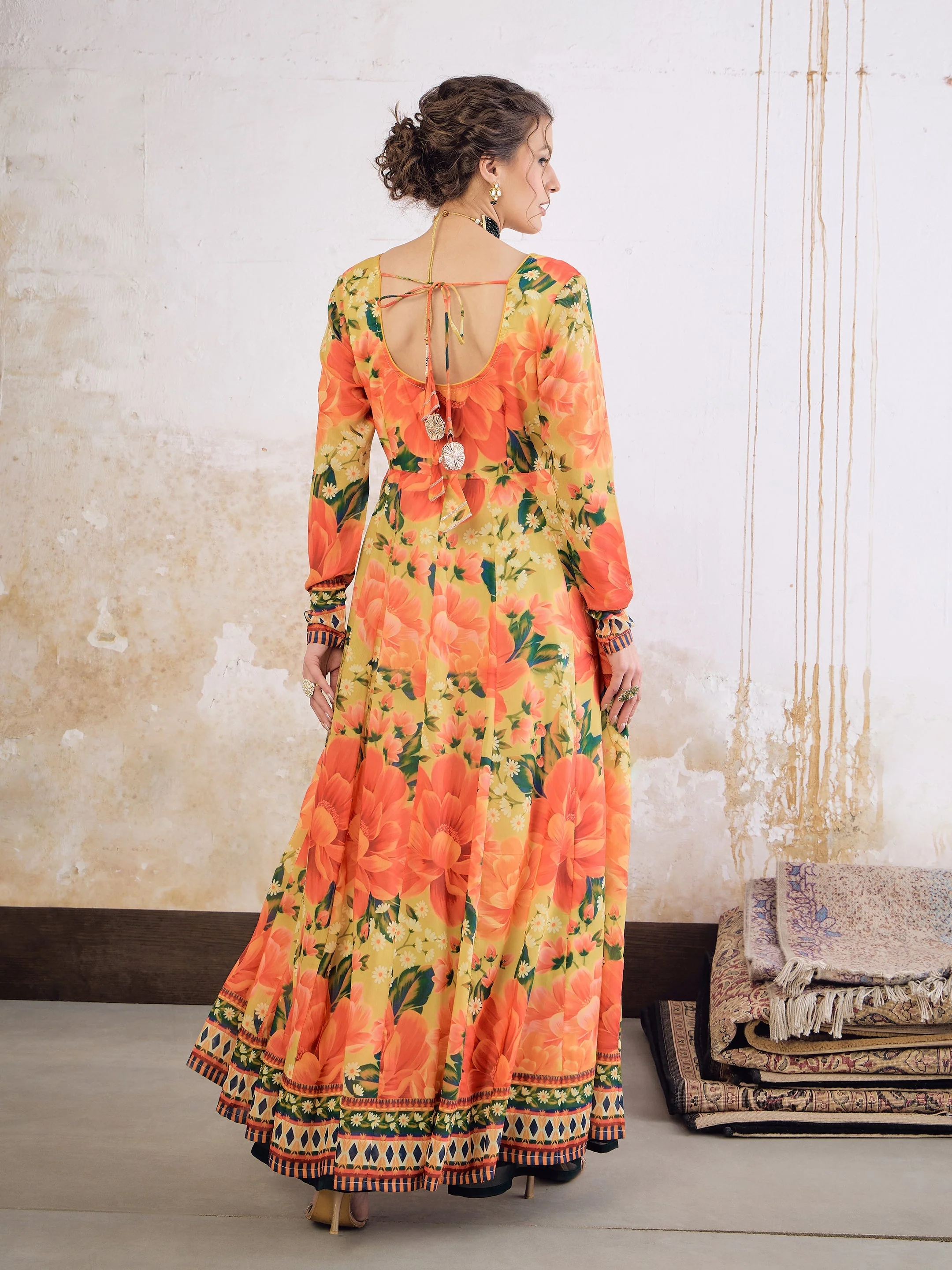 Women Yellow Floral Poly Muslin Anarkali Kurta - Image 5