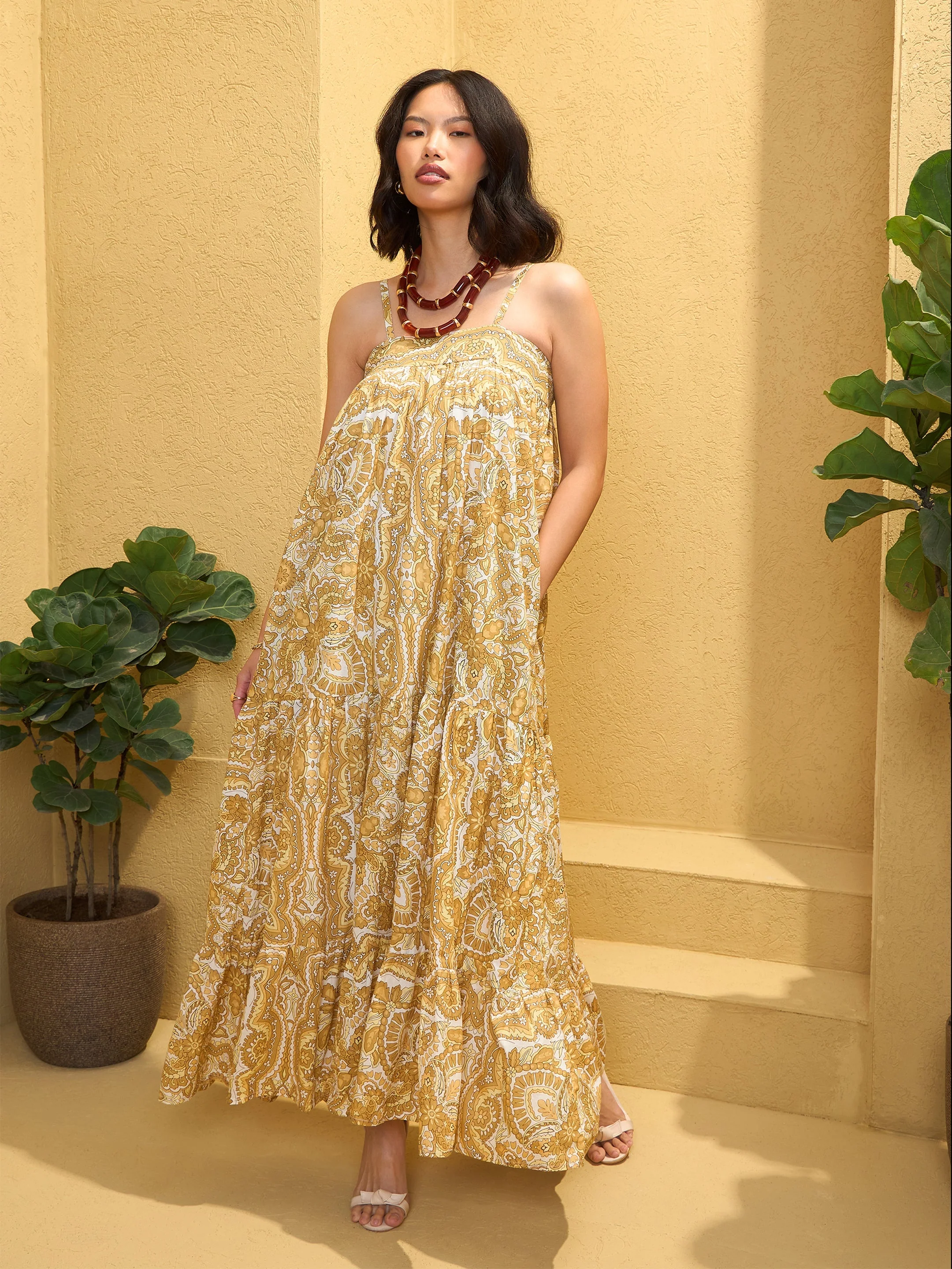 Women Yellow Floral Strappy Smocked Maxi Dress - Image 2