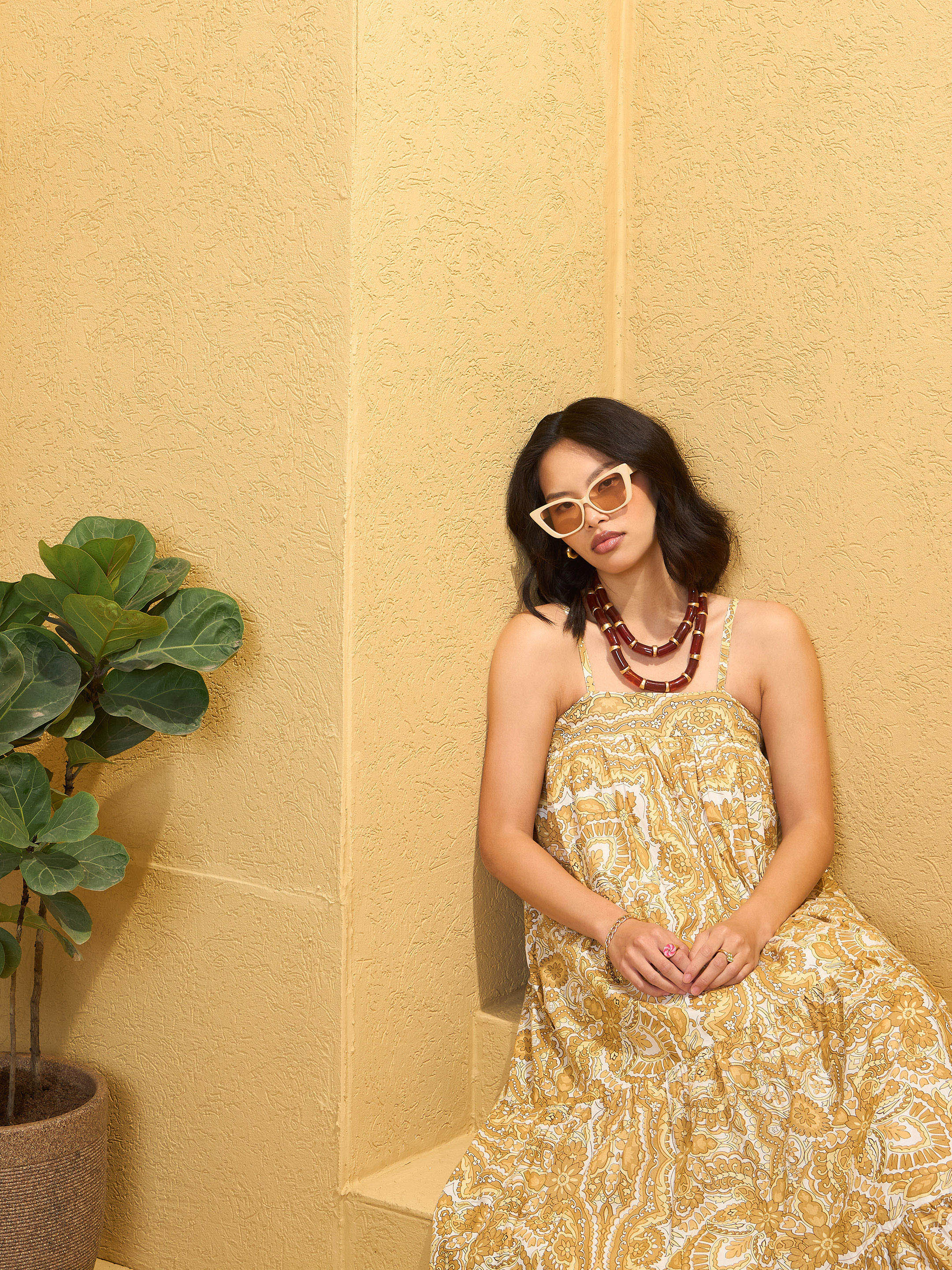 Women Yellow Floral Strappy Smocked Maxi Dress - Image 4