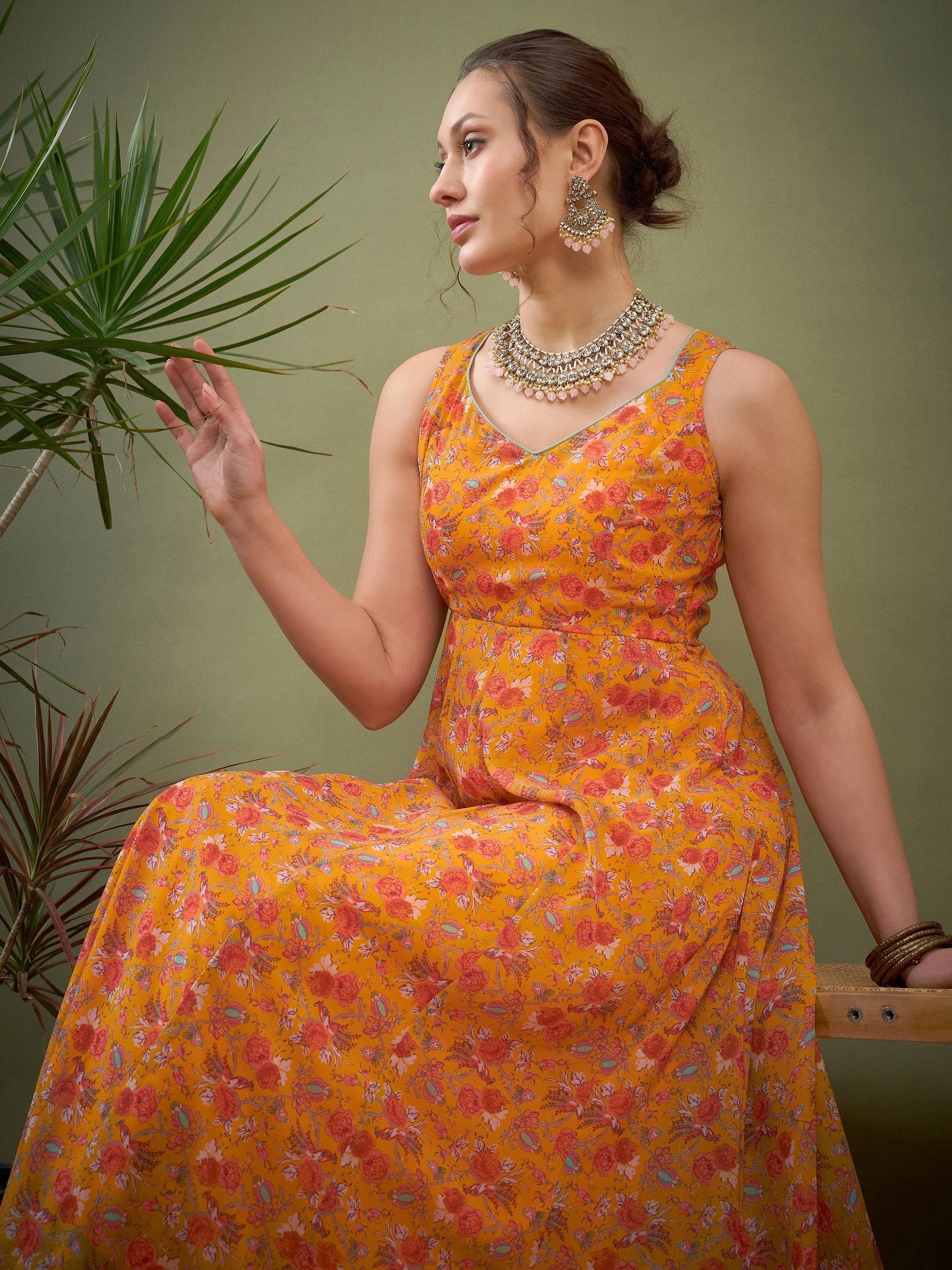 Women Yellow Floral Sweetheart Neck Anarkali Kurta - Image 2