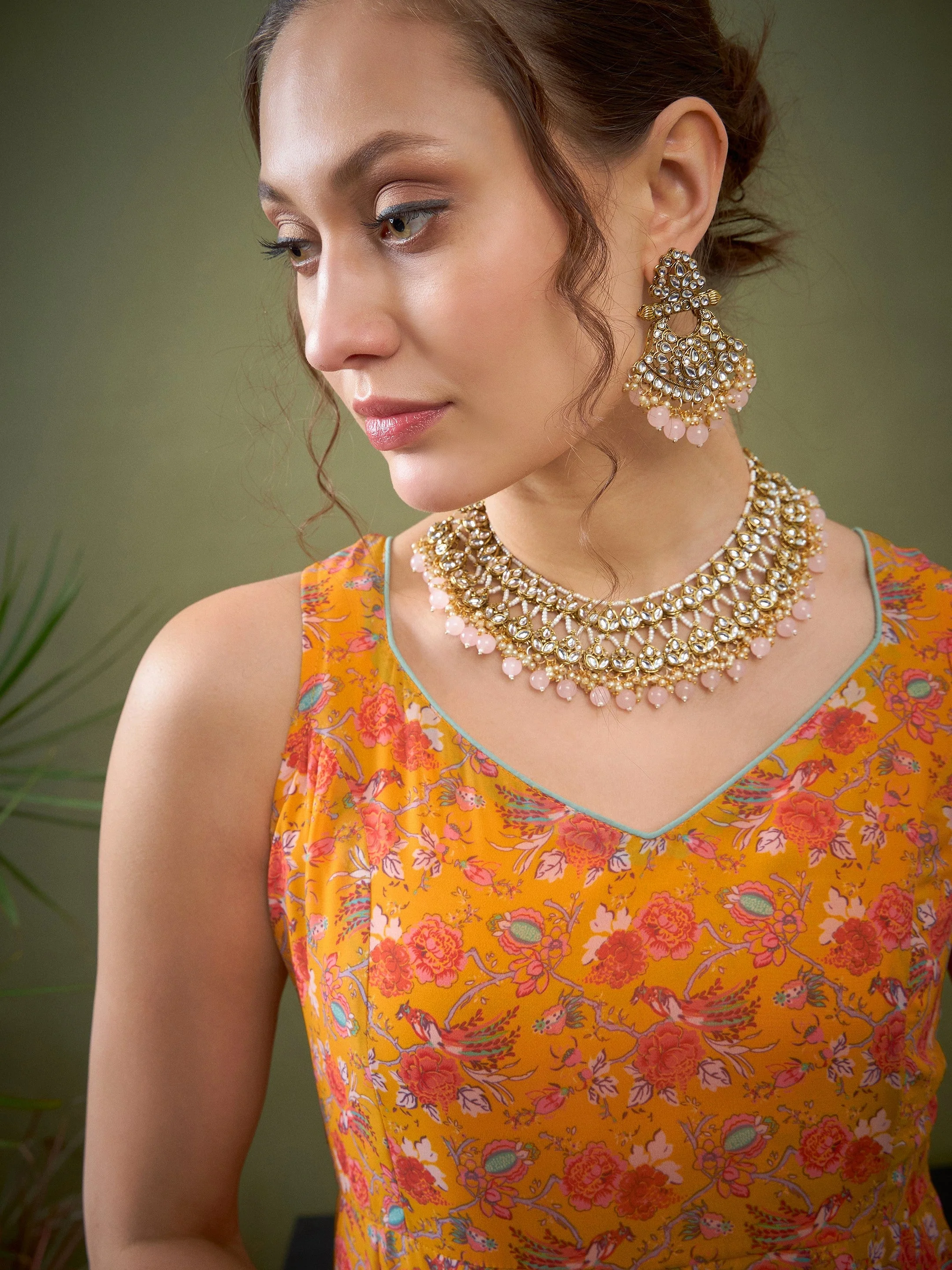 Women Yellow Floral Sweetheart Neck Anarkali Kurta - Image 4